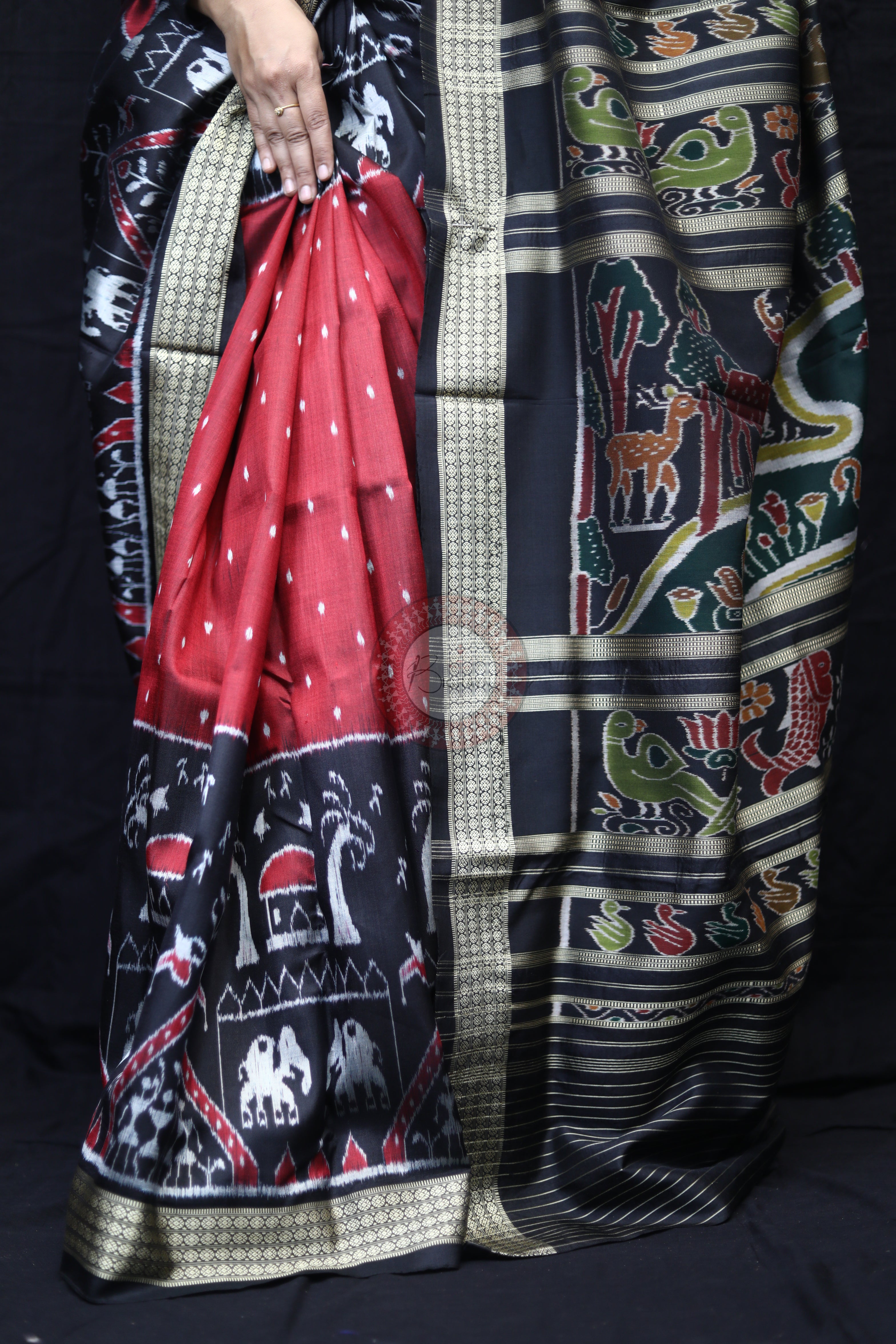 Maroon Black 3D Elephant Tribals Mulberry Silk Saree