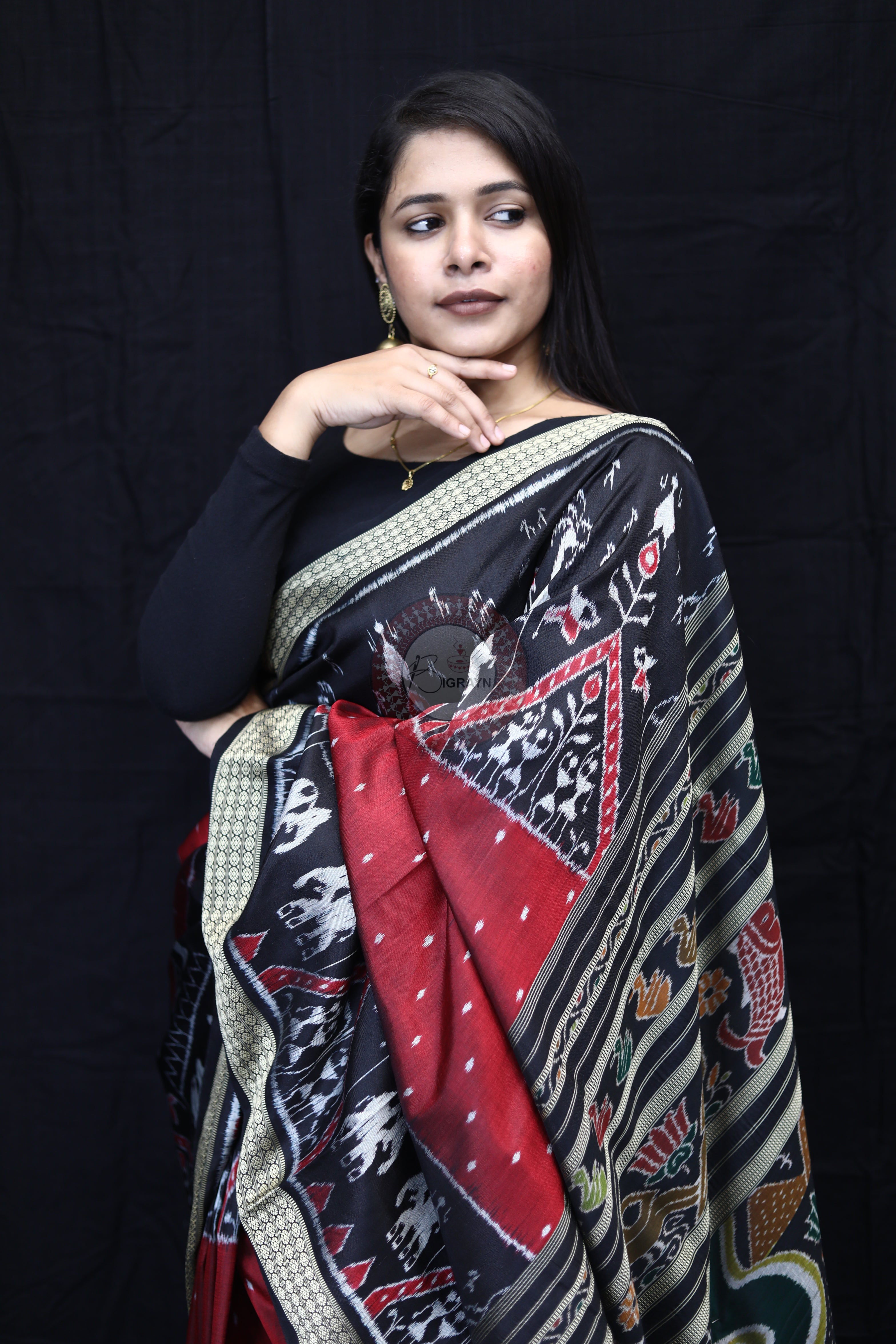 Maroon Black 3D Elephant Tribals Mulberry Silk Saree
