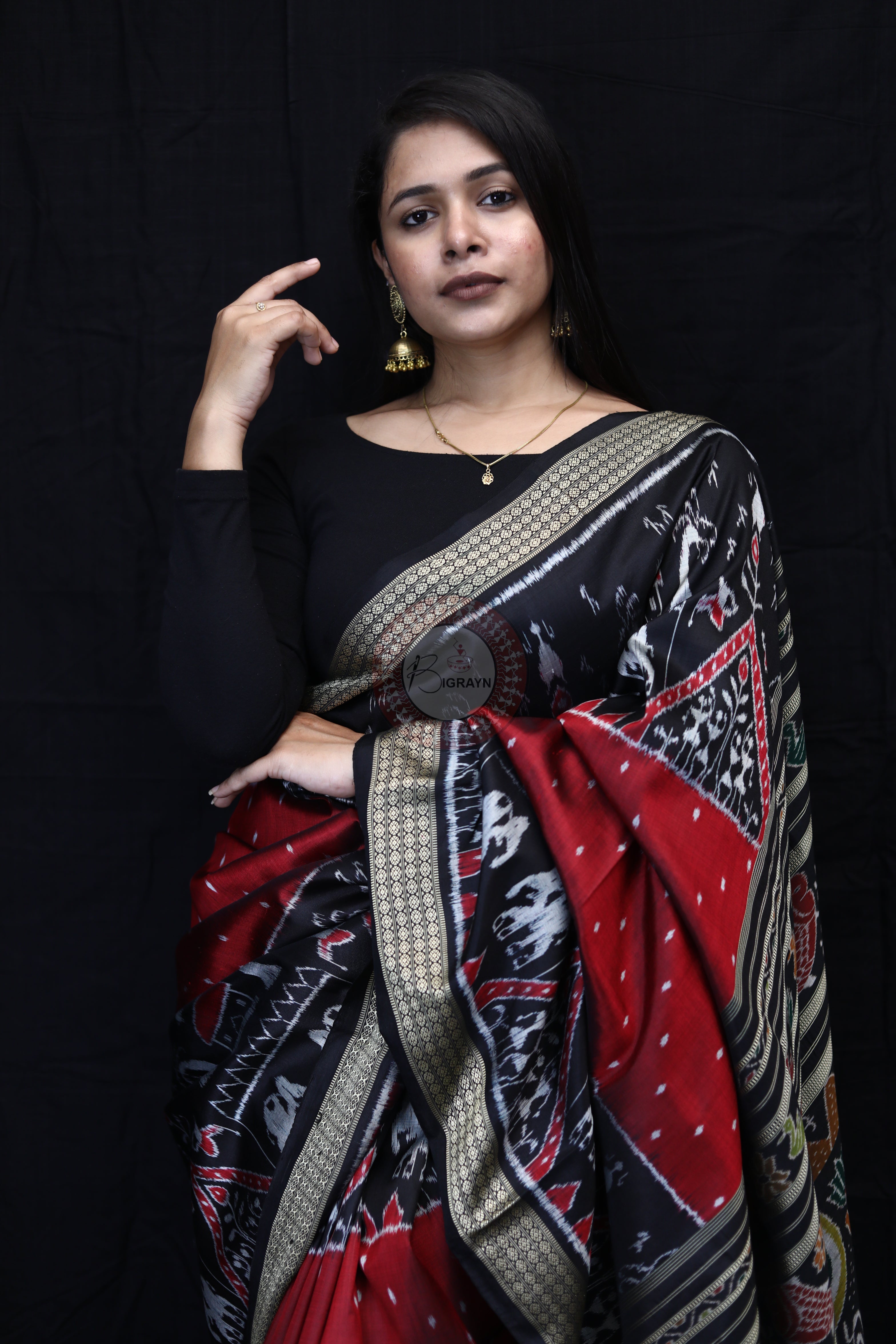 Maroon Black 3D Elephant Tribals Mulberry Silk Saree
