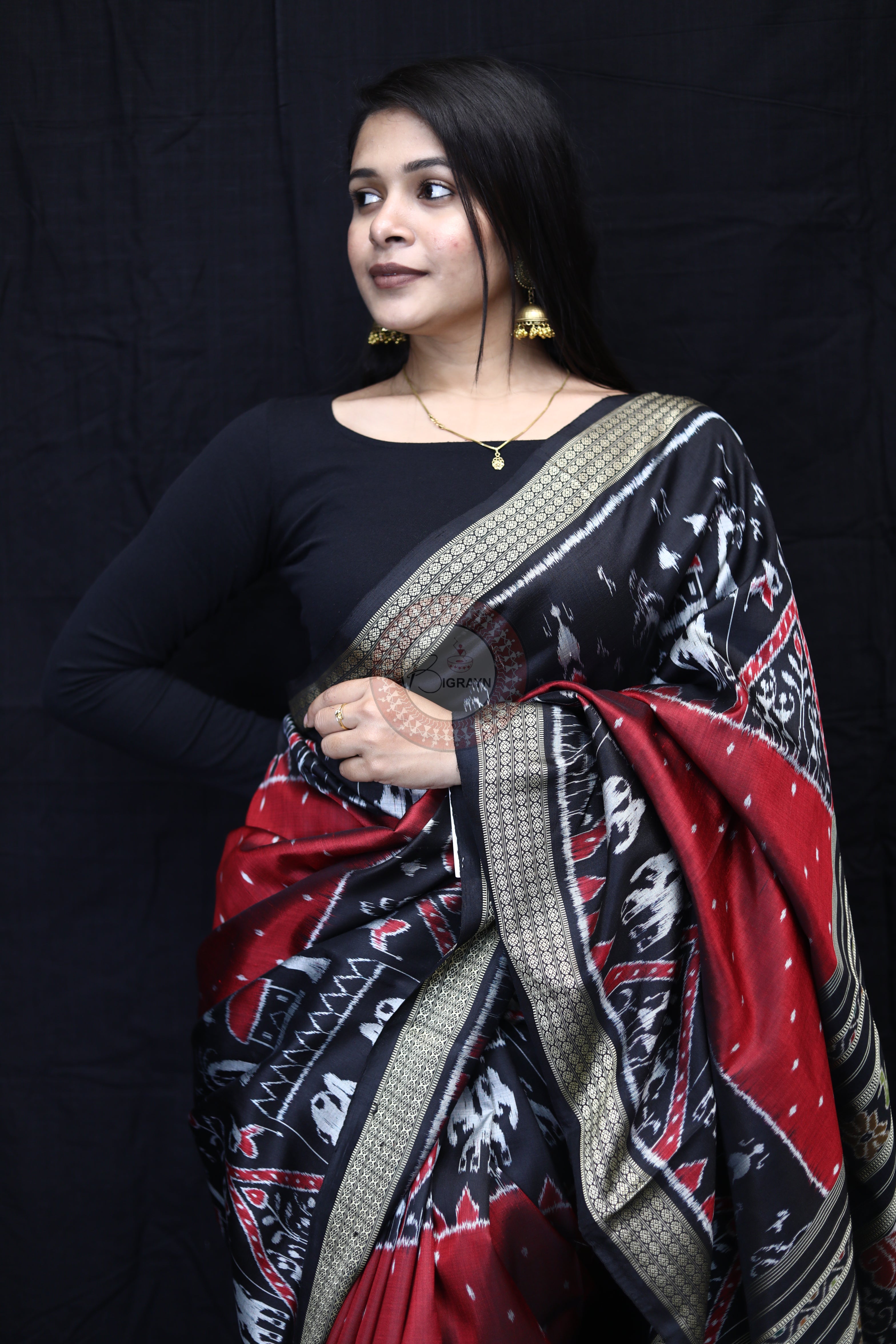 Maroon Black 3D Elephant Tribals Mulberry Silk Saree