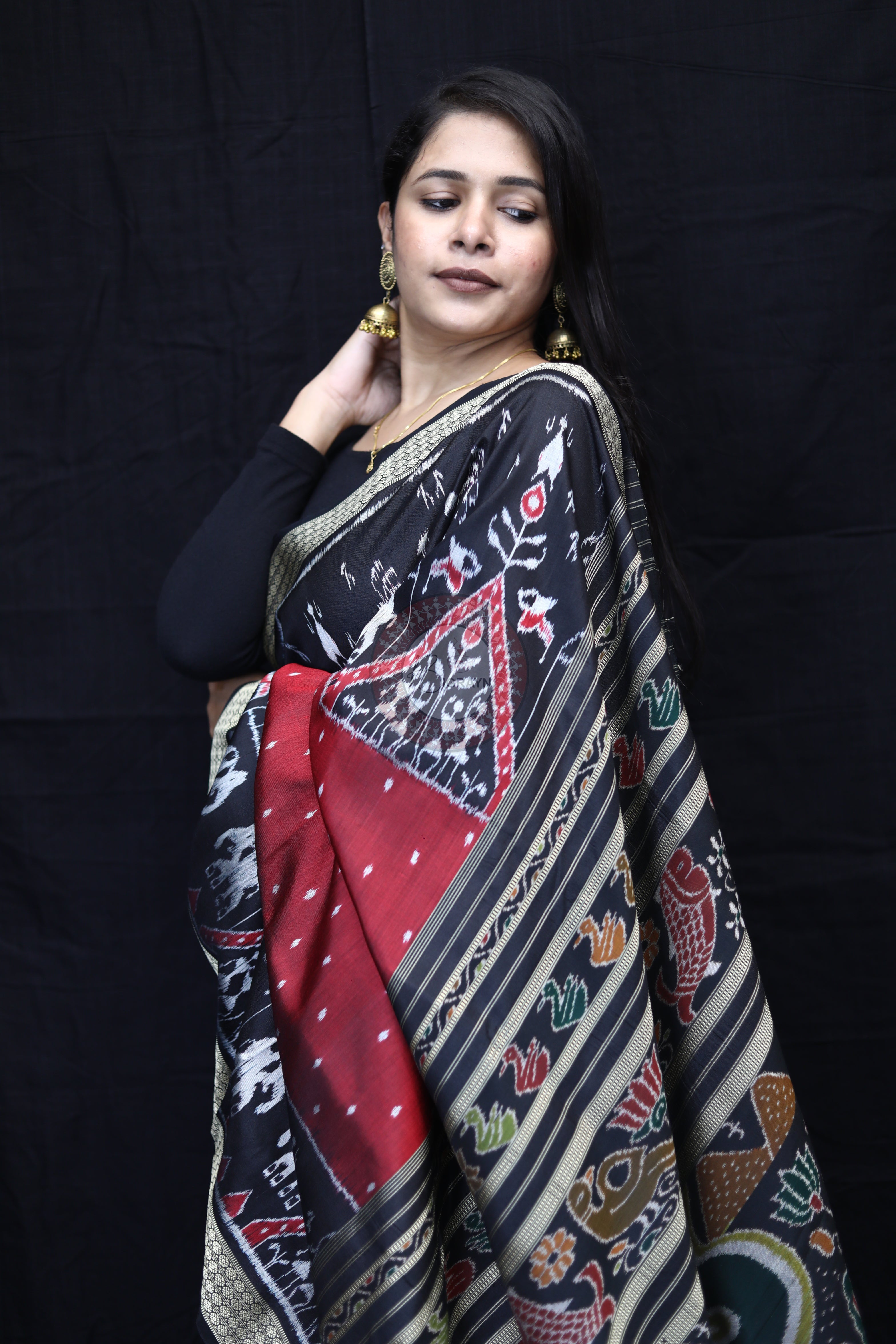 Maroon Black 3D Elephant Tribals Mulberry Silk Saree