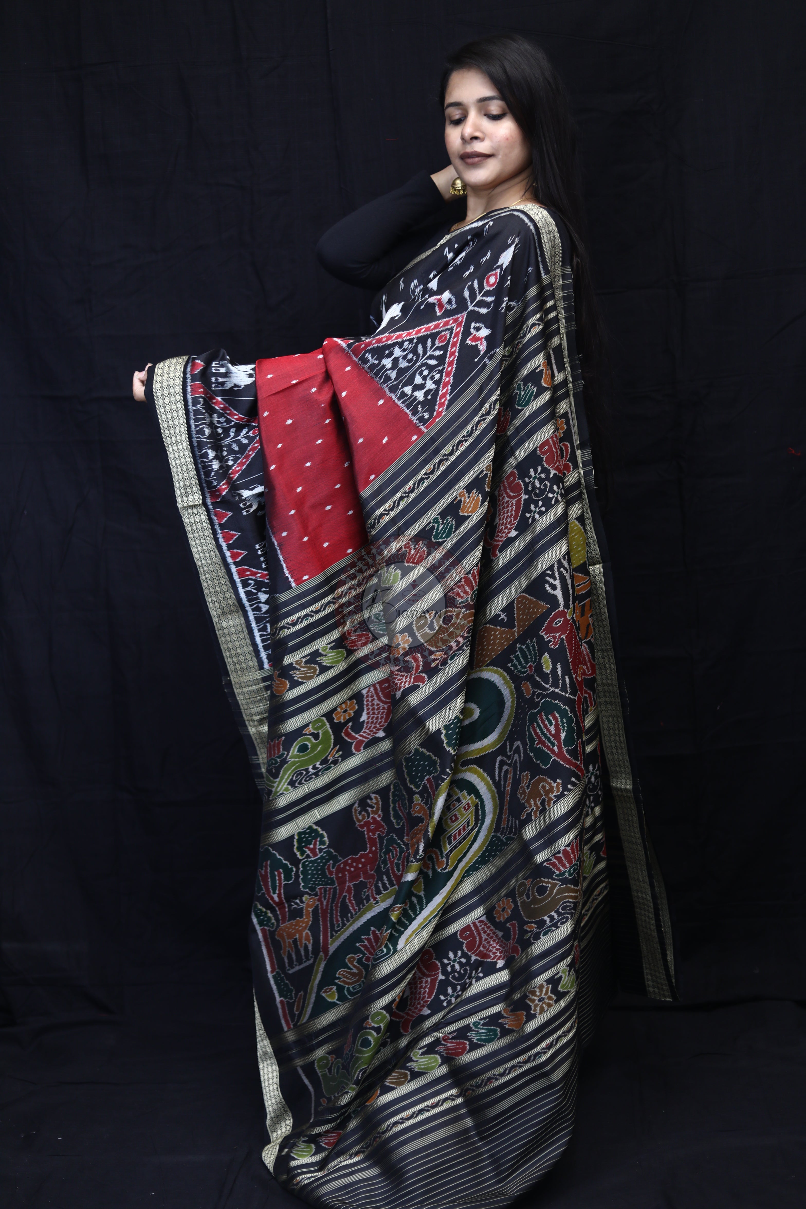 Maroon Black 3D Elephant Tribals Mulberry Silk Saree