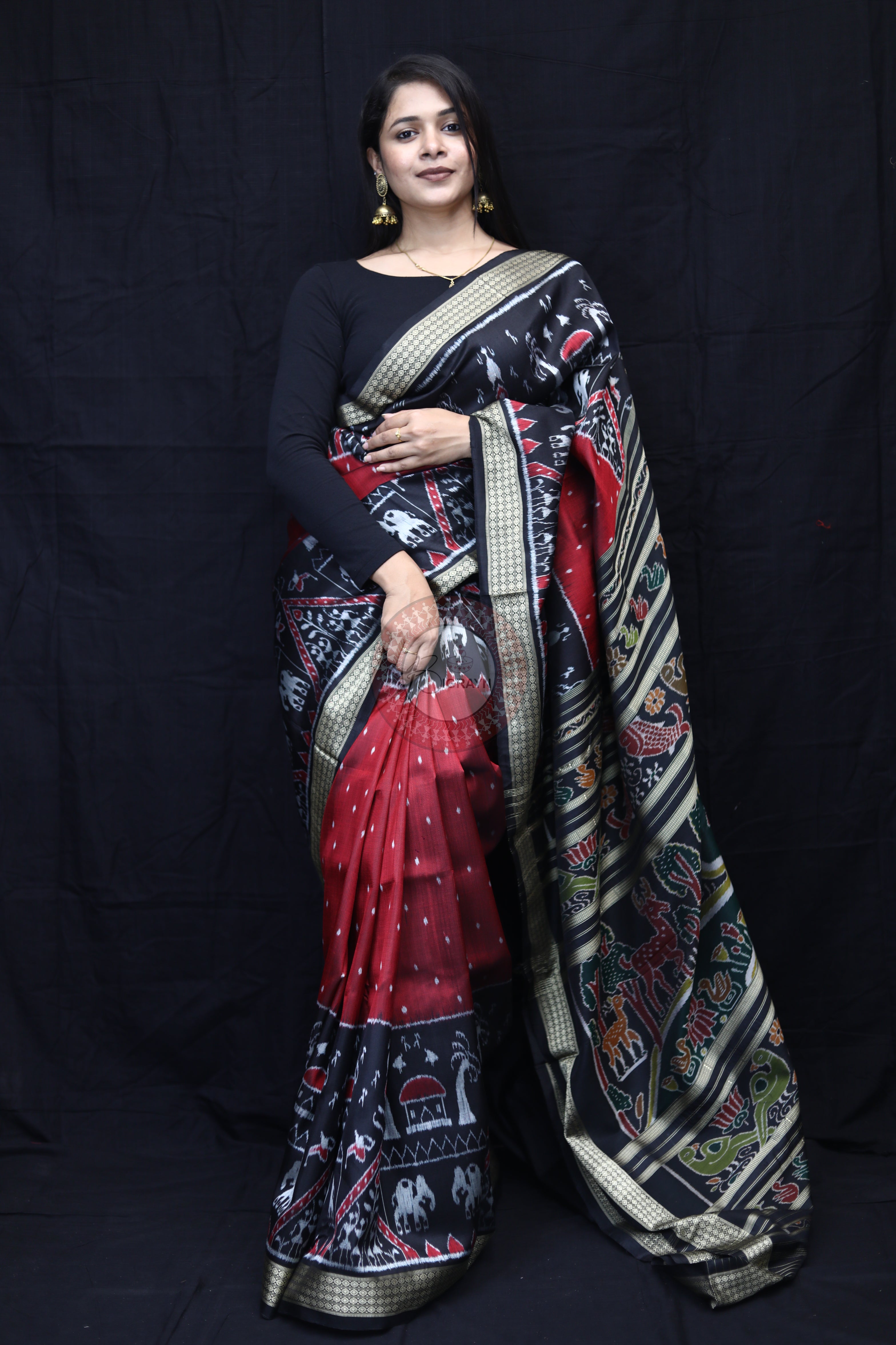 Maroon Black 3D Elephant Tribals Mulberry Silk Saree