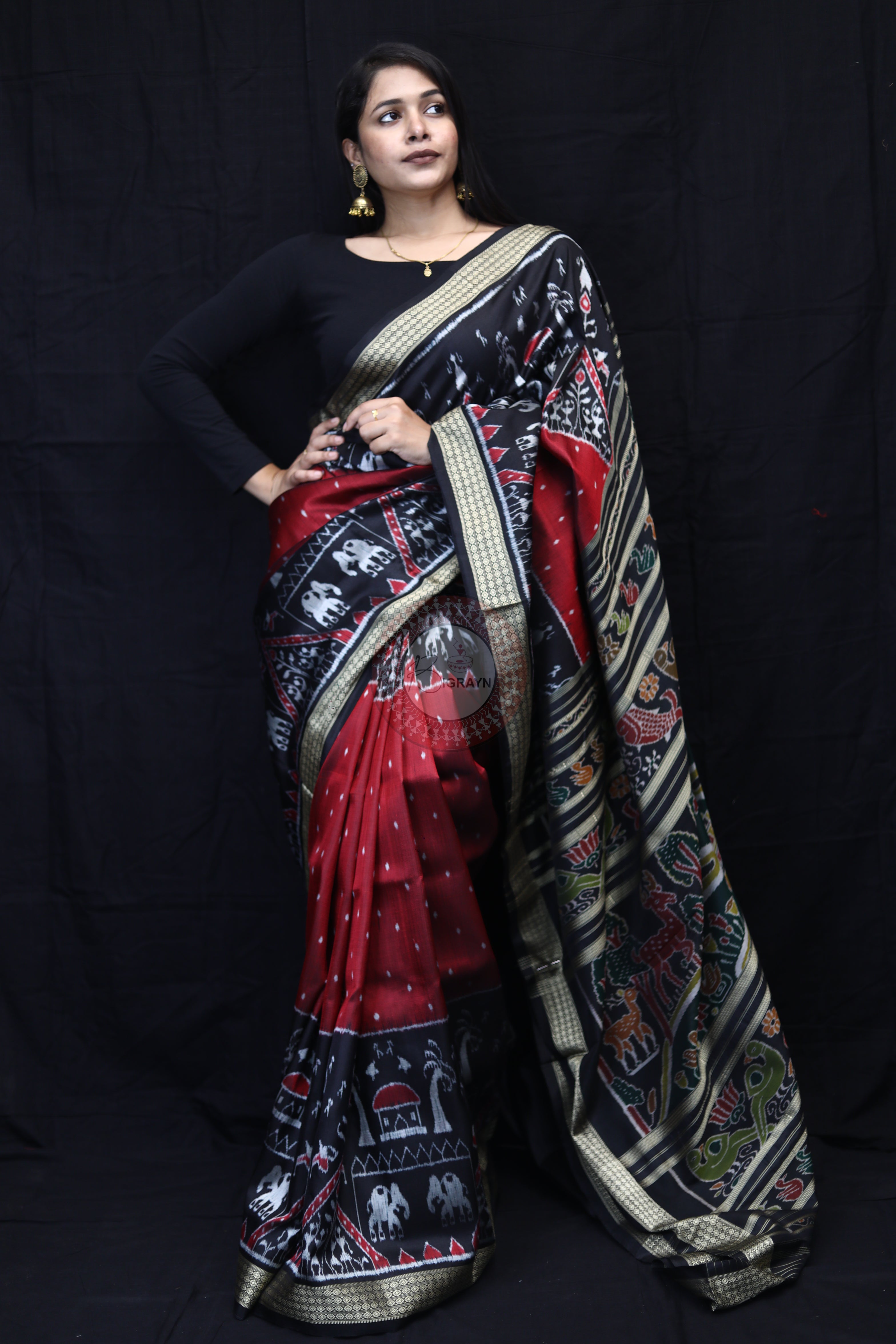 Maroon Black 3D Elephant Tribals Mulberry Silk Saree