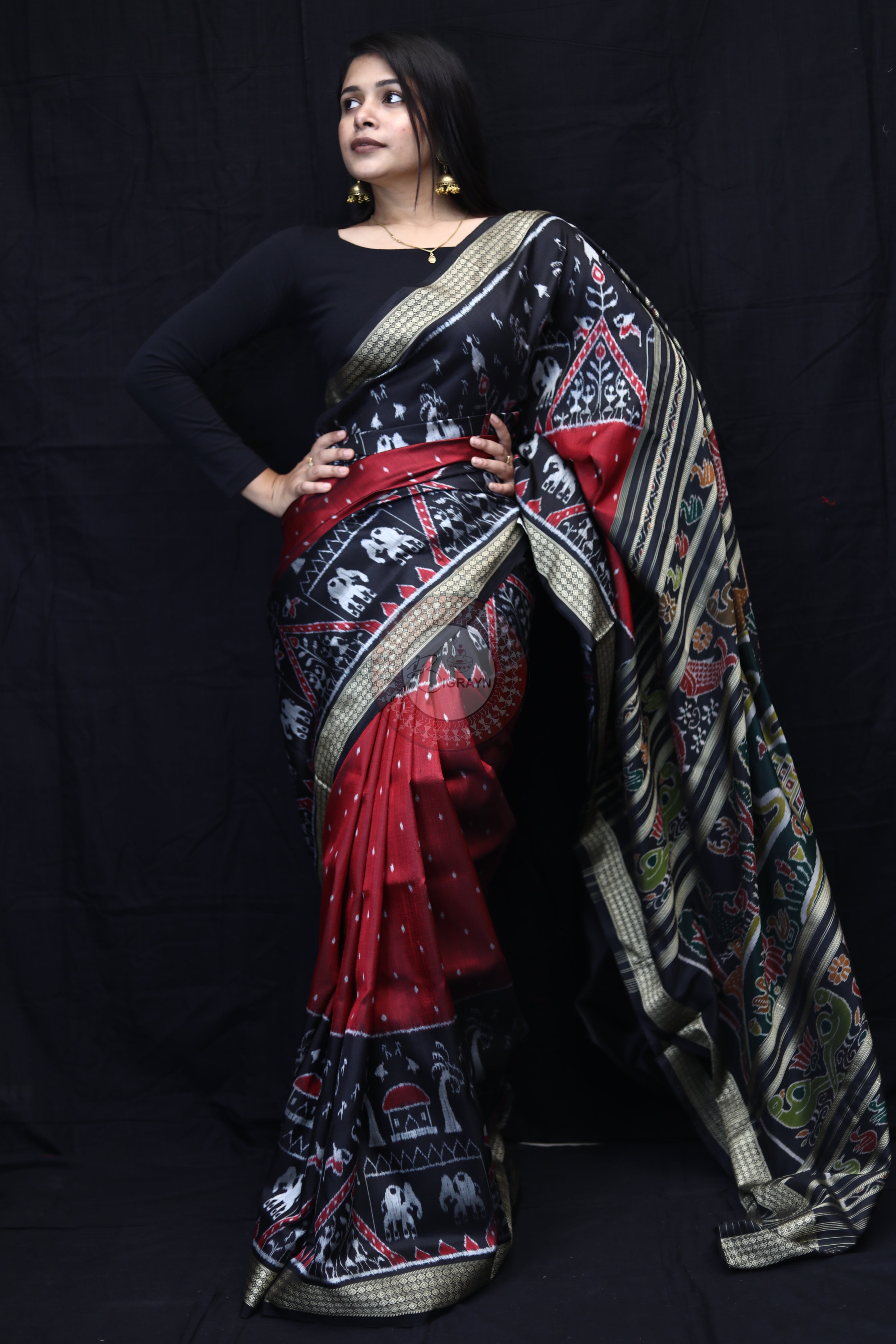 Maroon Black 3D Elephant Tribals Mulberry Silk Saree