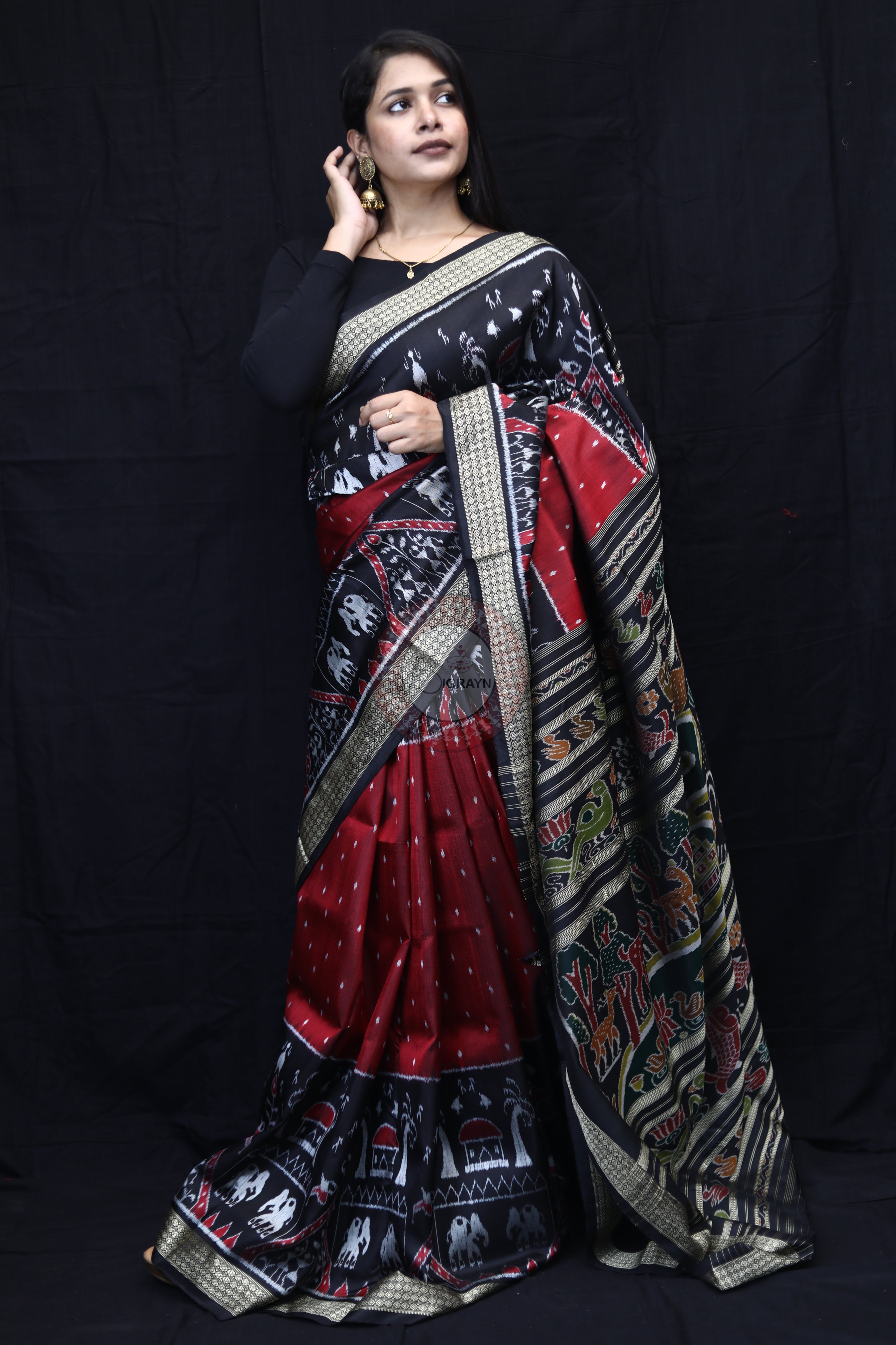 Maroon Black 3D Elephant Tribals Mulberry Silk Saree