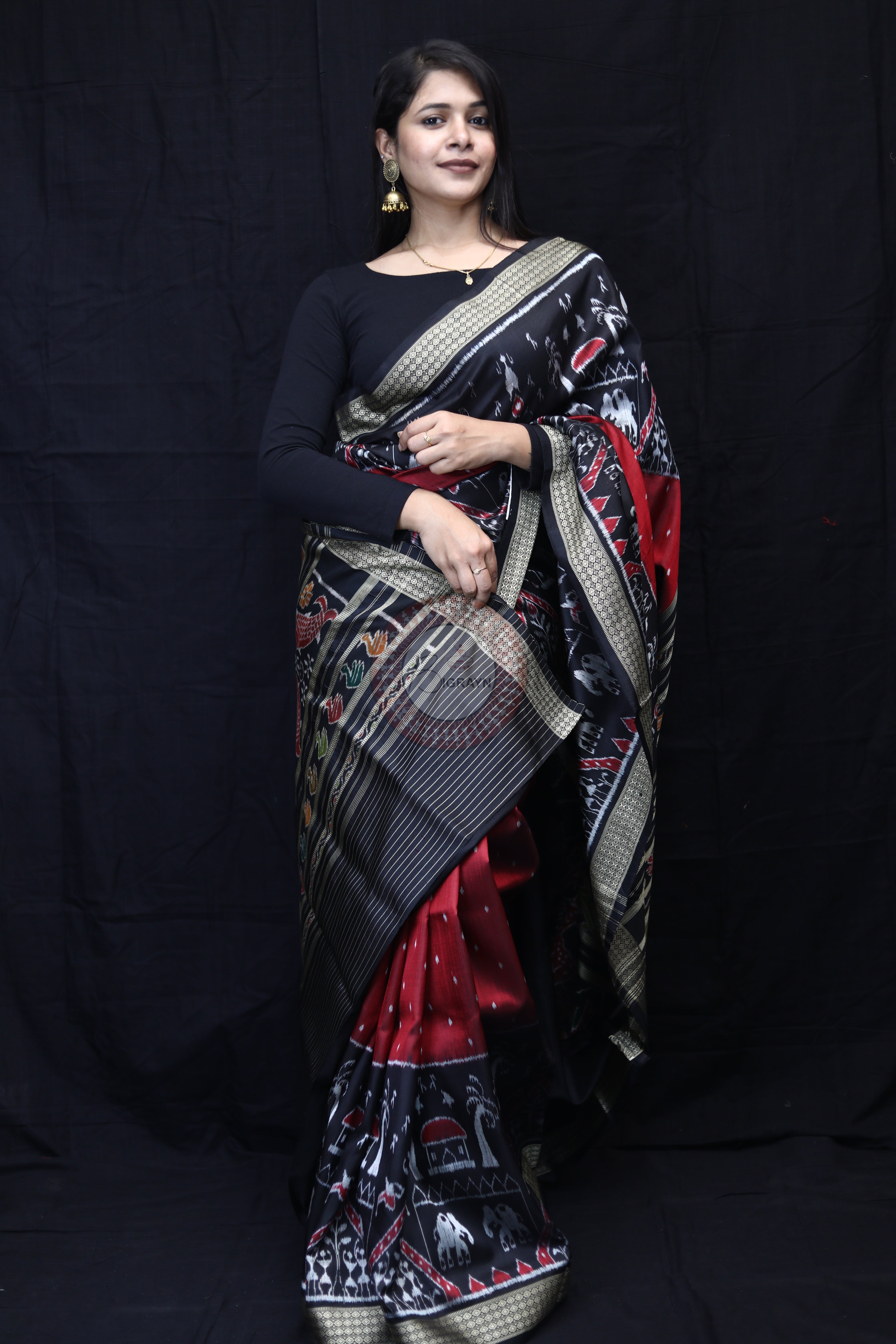 Maroon Black 3D Elephant Tribals Mulberry Silk Saree