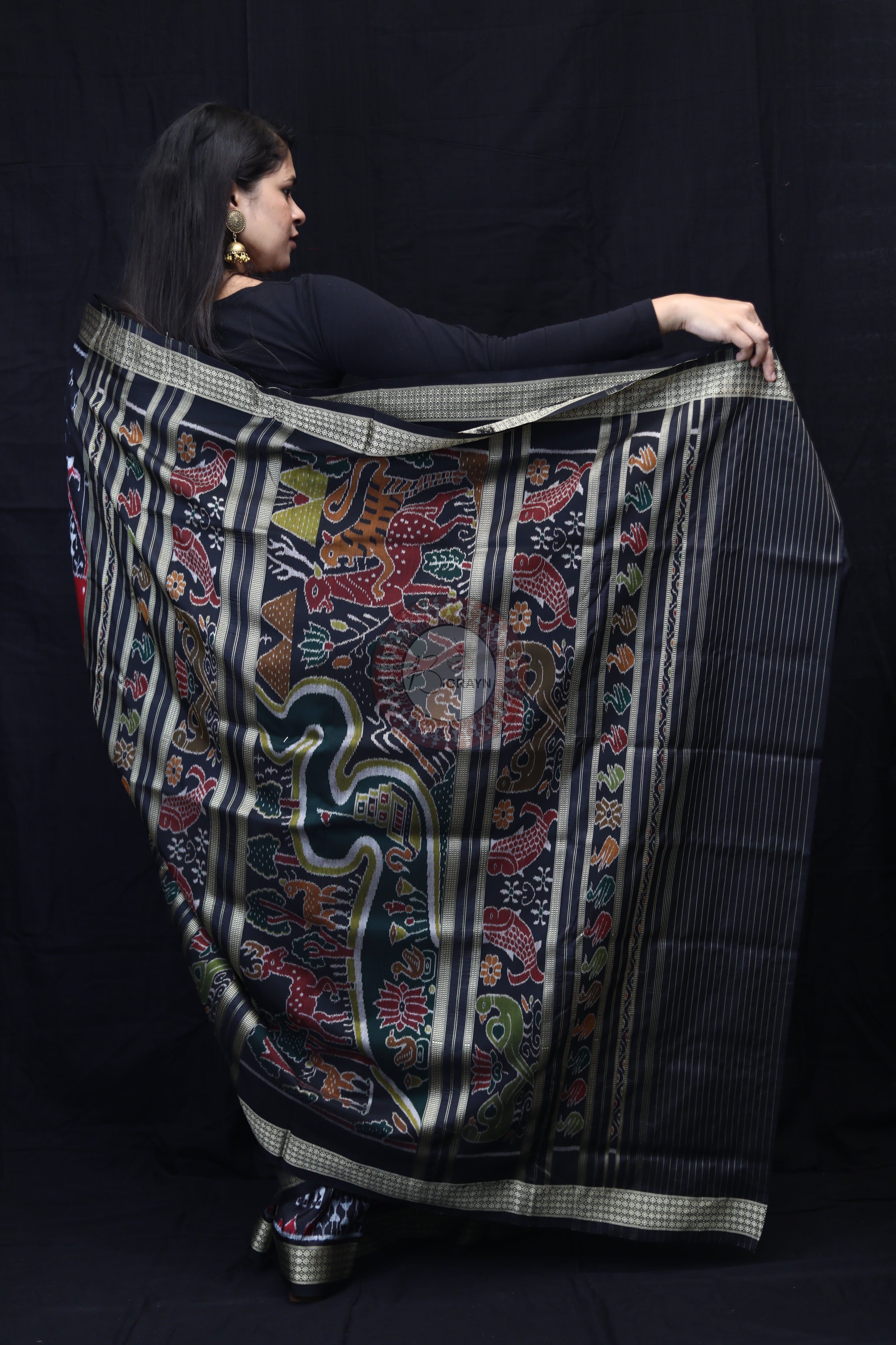Maroon Black 3D Elephant Tribals Mulberry Silk Saree