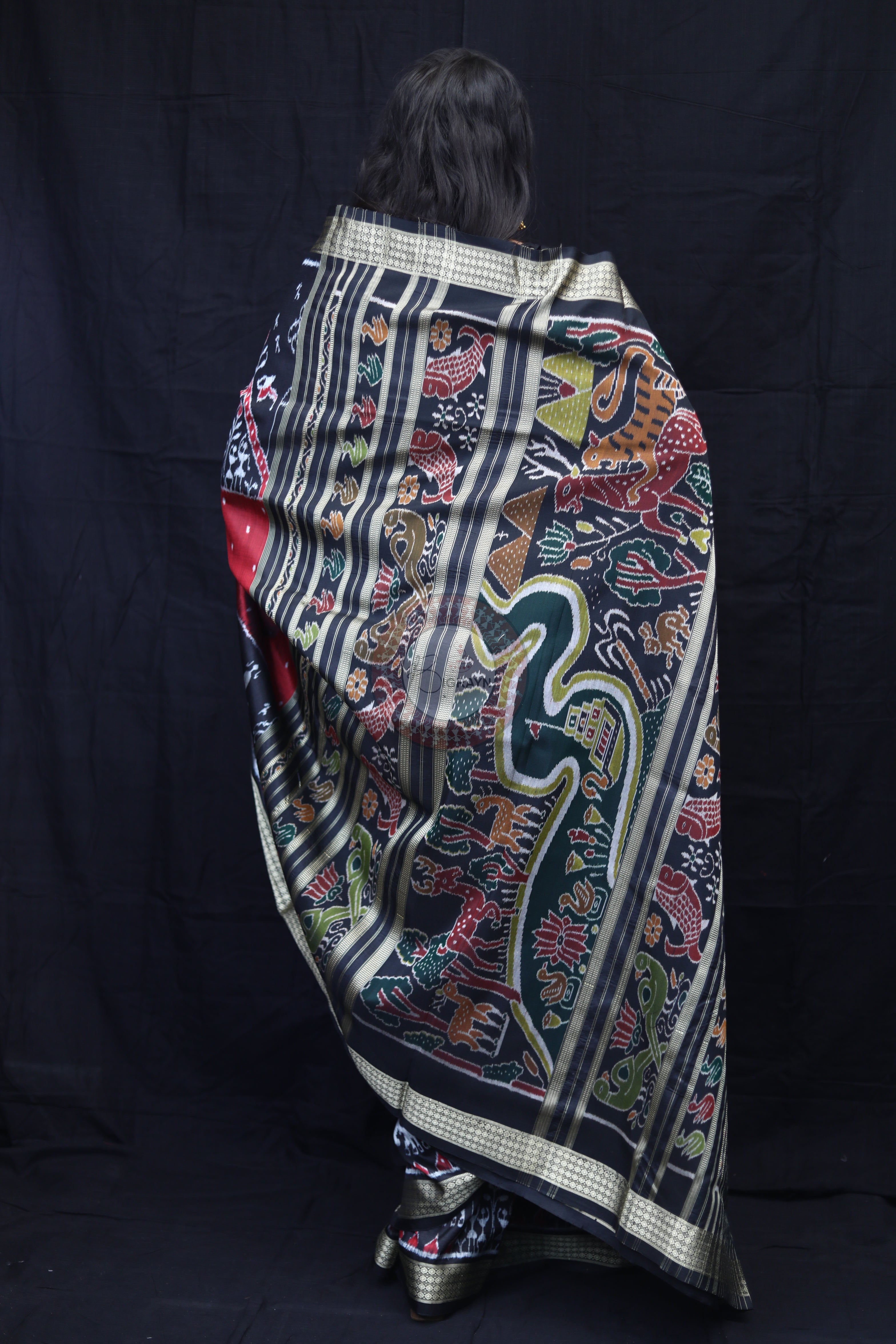 Maroon Black 3D Elephant Tribals Mulberry Silk Saree