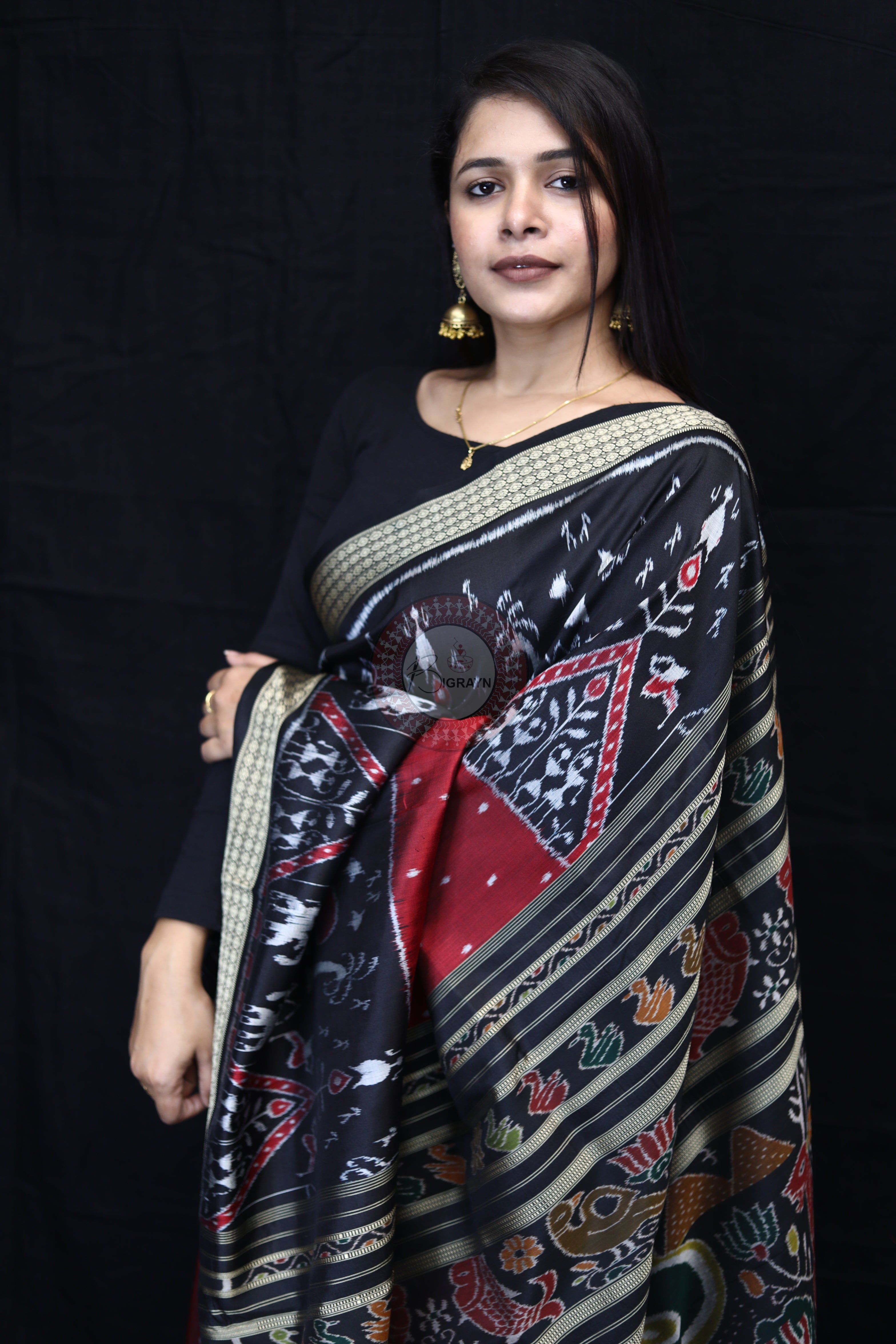 Maroon Black 3D Elephant Tribals Mulberry Silk Saree