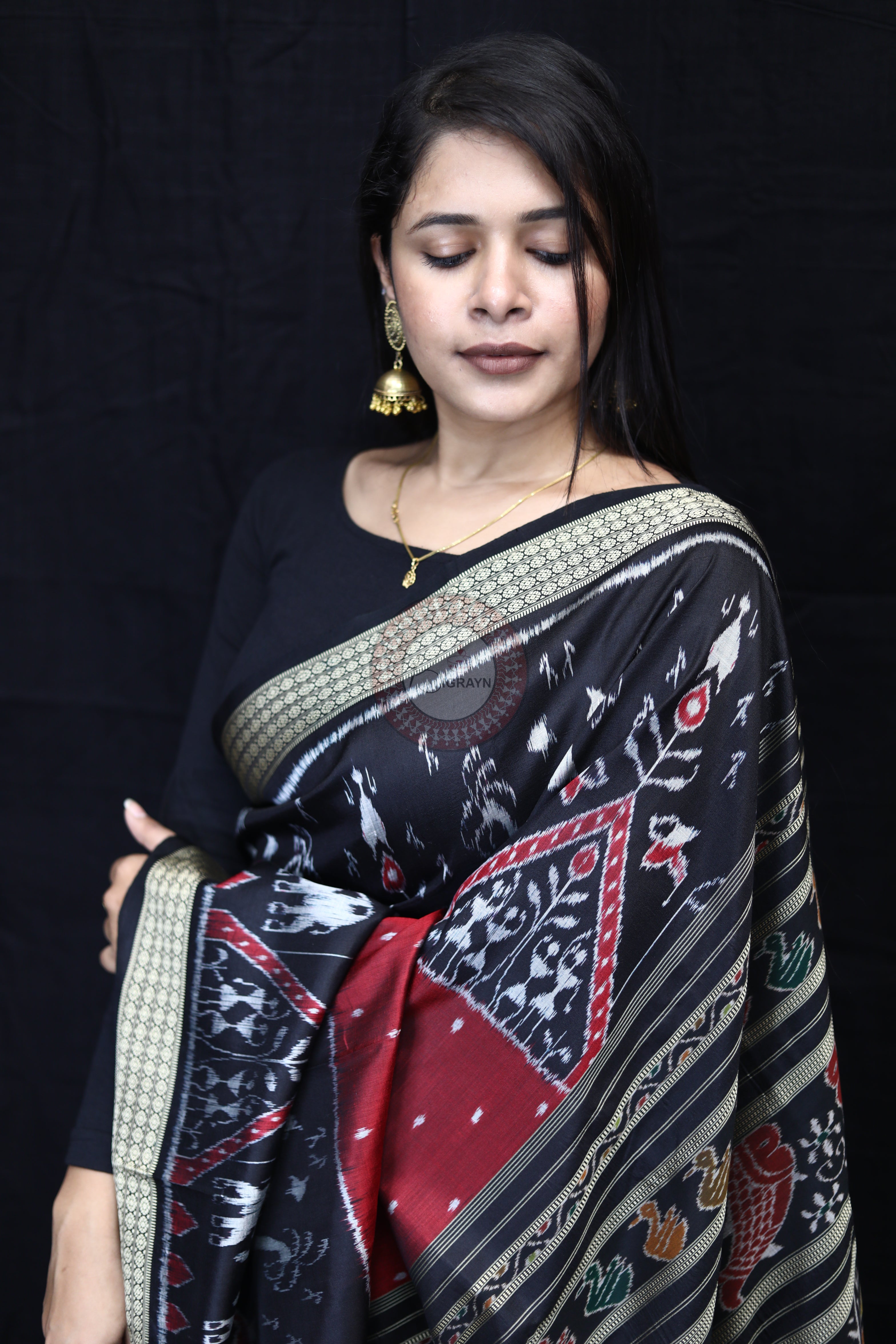Maroon Black 3D Elephant Tribals Mulberry Silk Saree