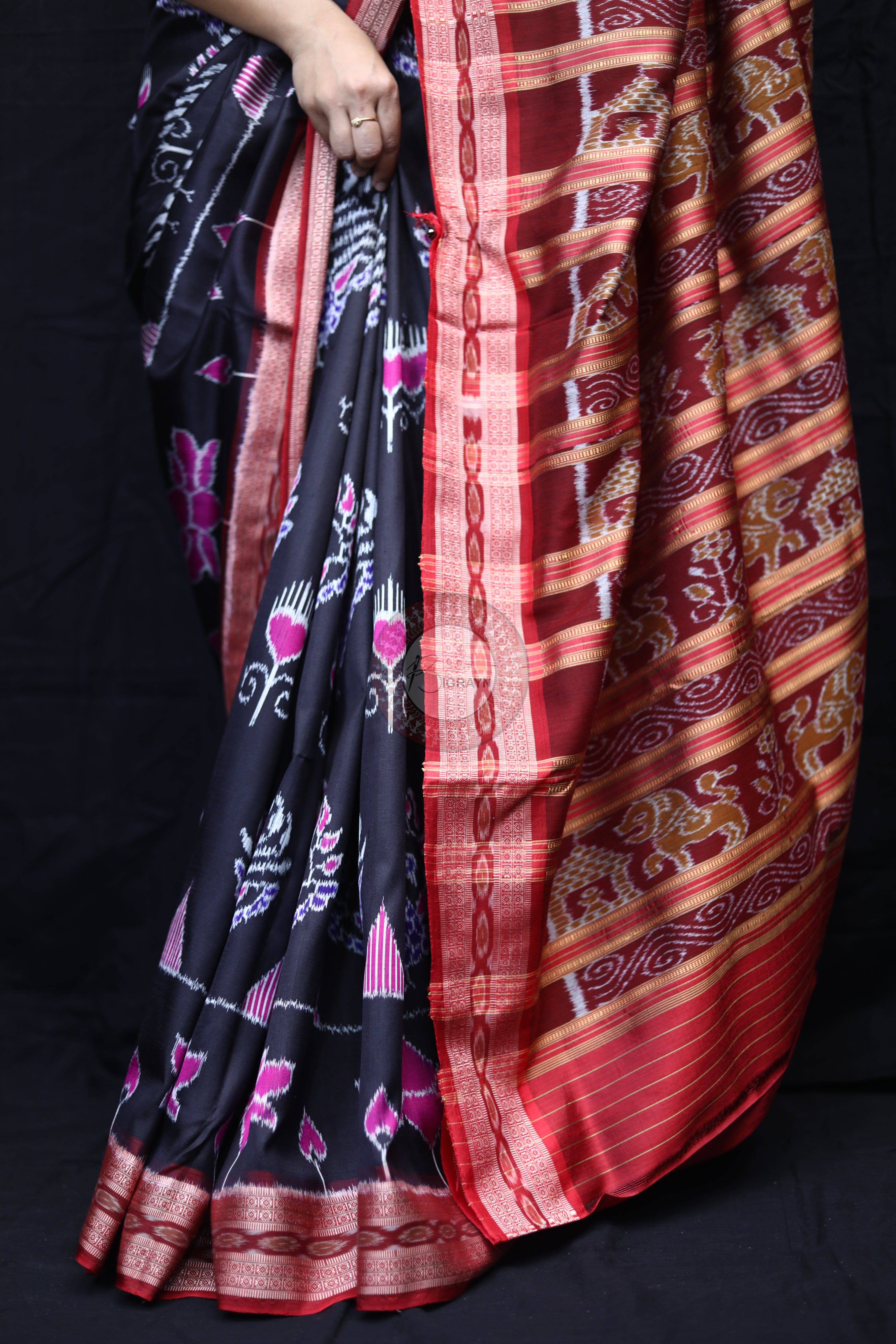 Black Maroon Peacock Lotus Mulberry Silk Saree