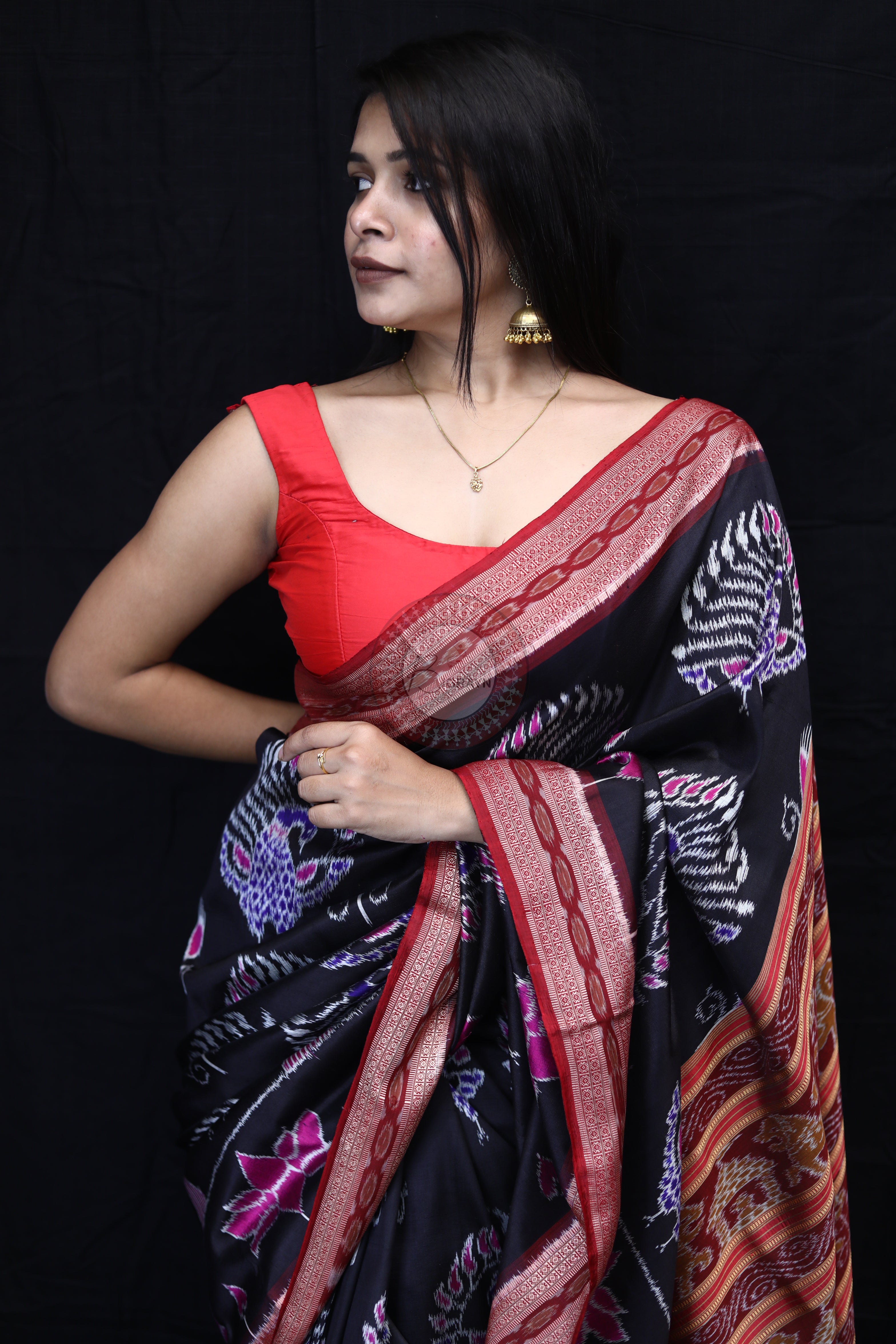 Black Maroon Peacock Lotus Mulberry Silk Saree