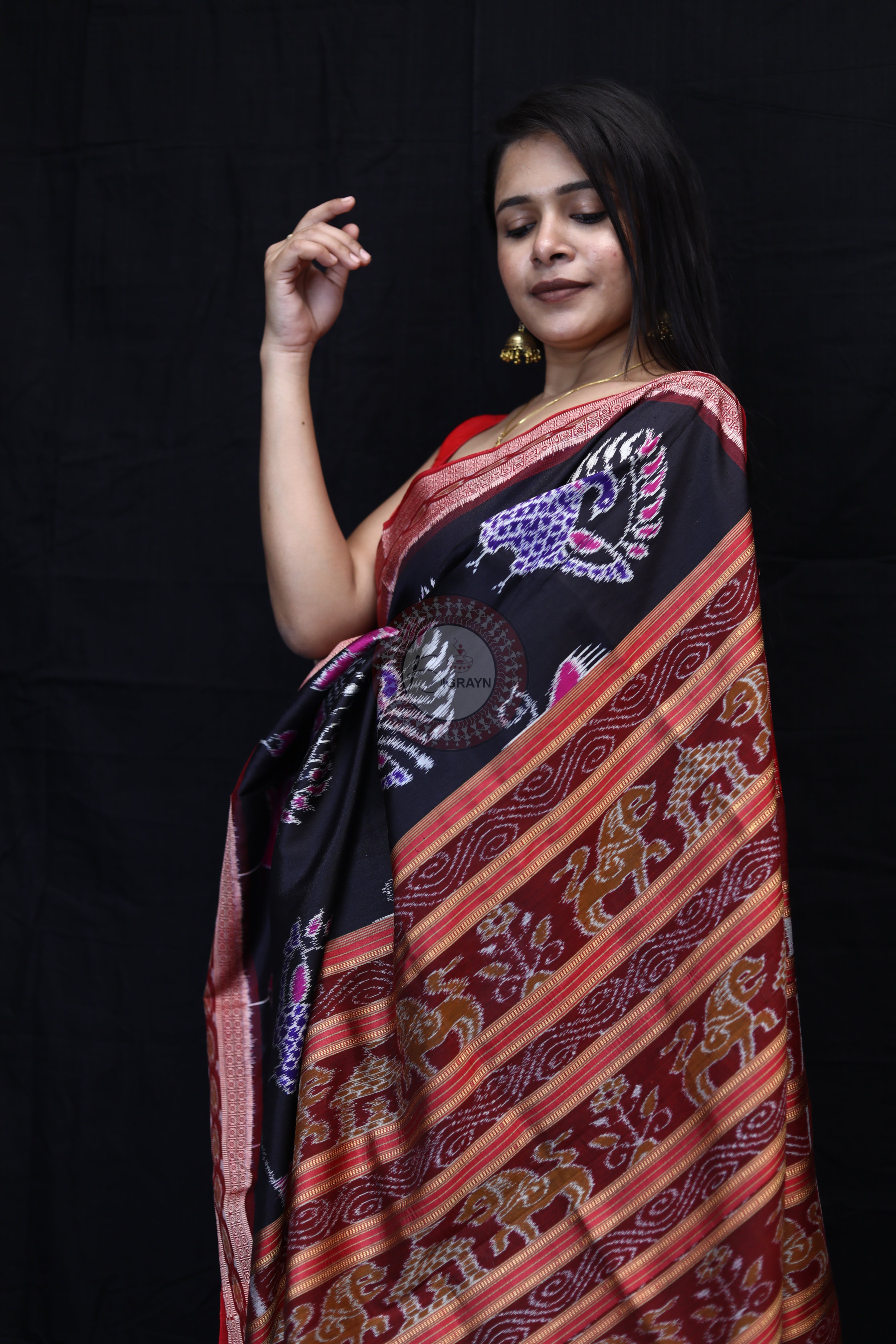 Black Maroon Peacock Lotus Mulberry Silk Saree