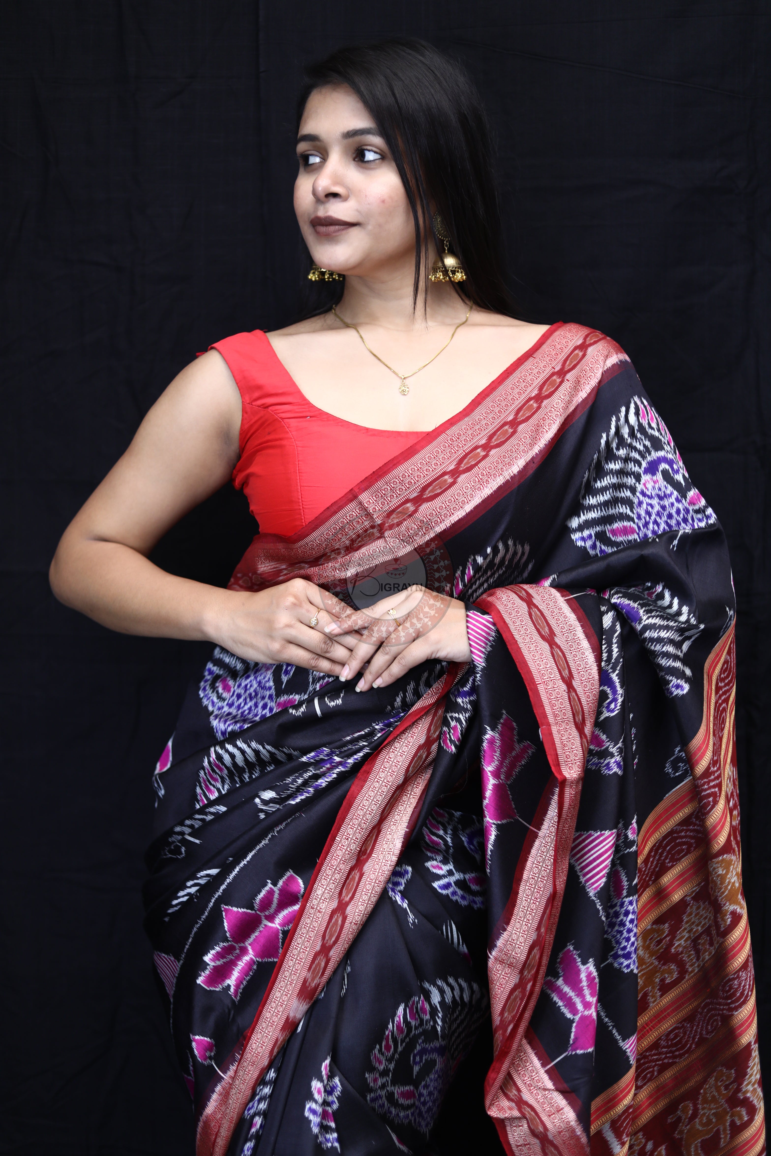 Black Maroon Peacock Lotus Mulberry Silk Saree