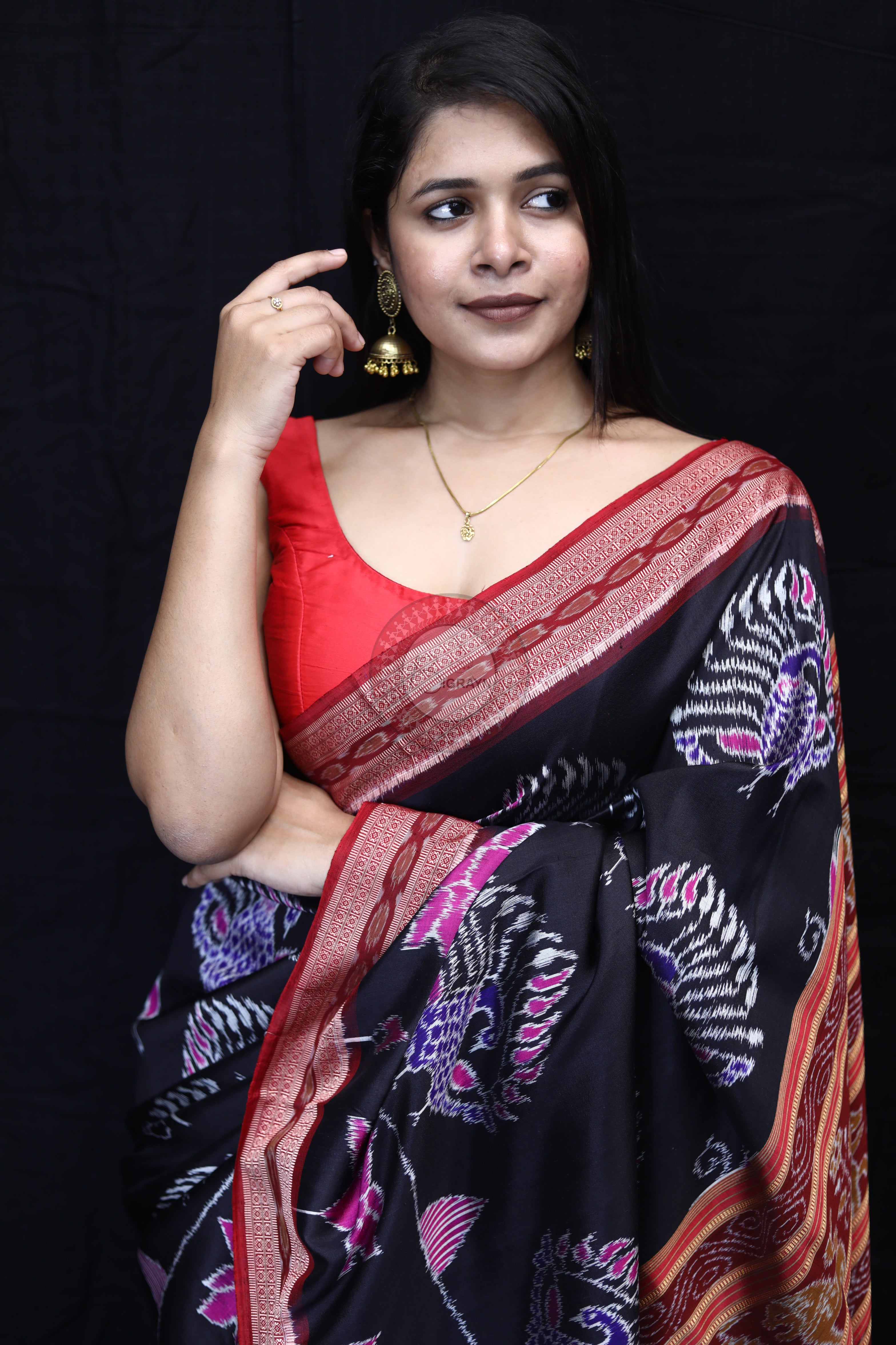 Black Maroon Peacock Lotus Mulberry Silk Saree