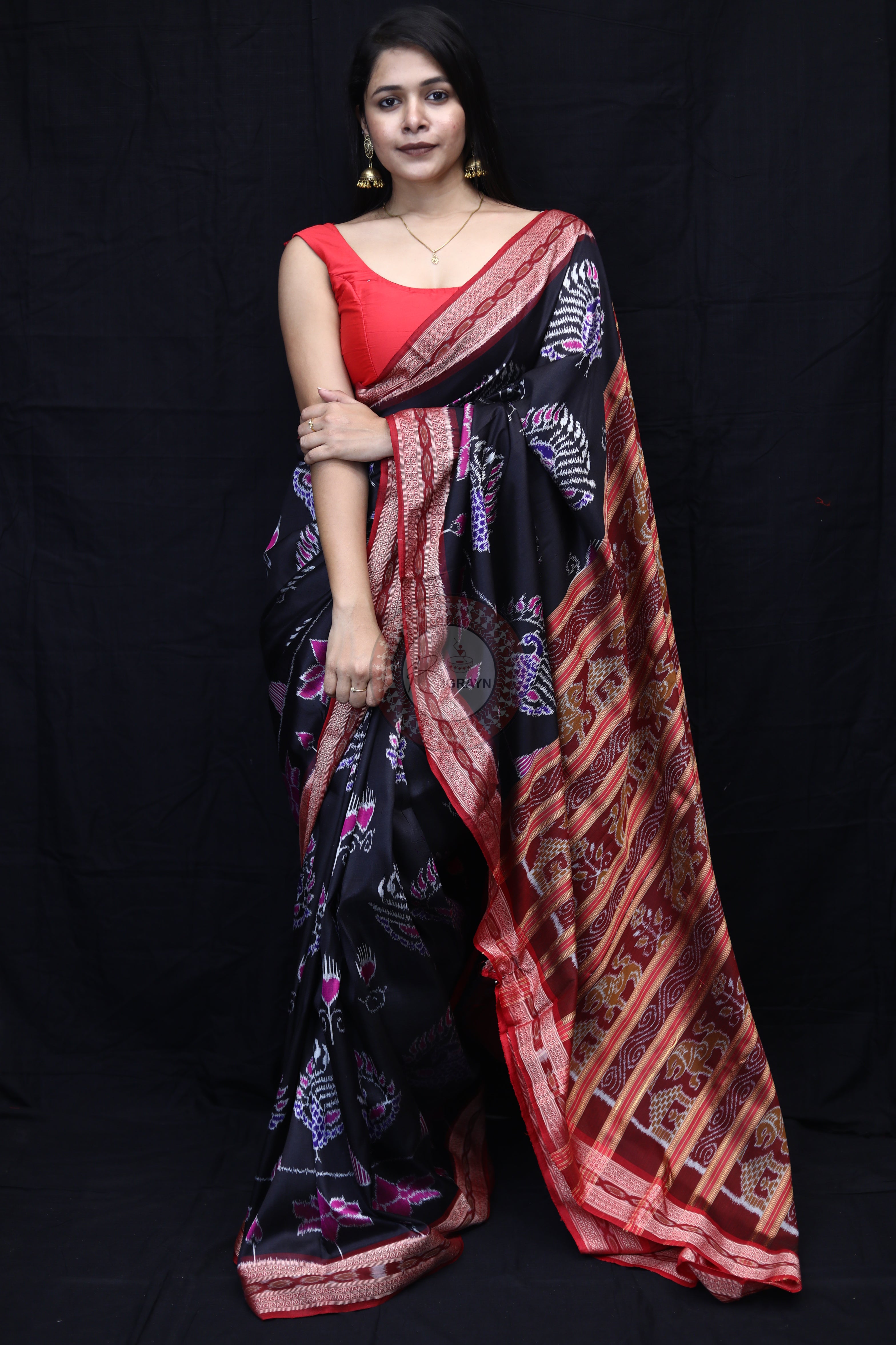 Black Maroon Peacock Lotus Mulberry Silk Saree