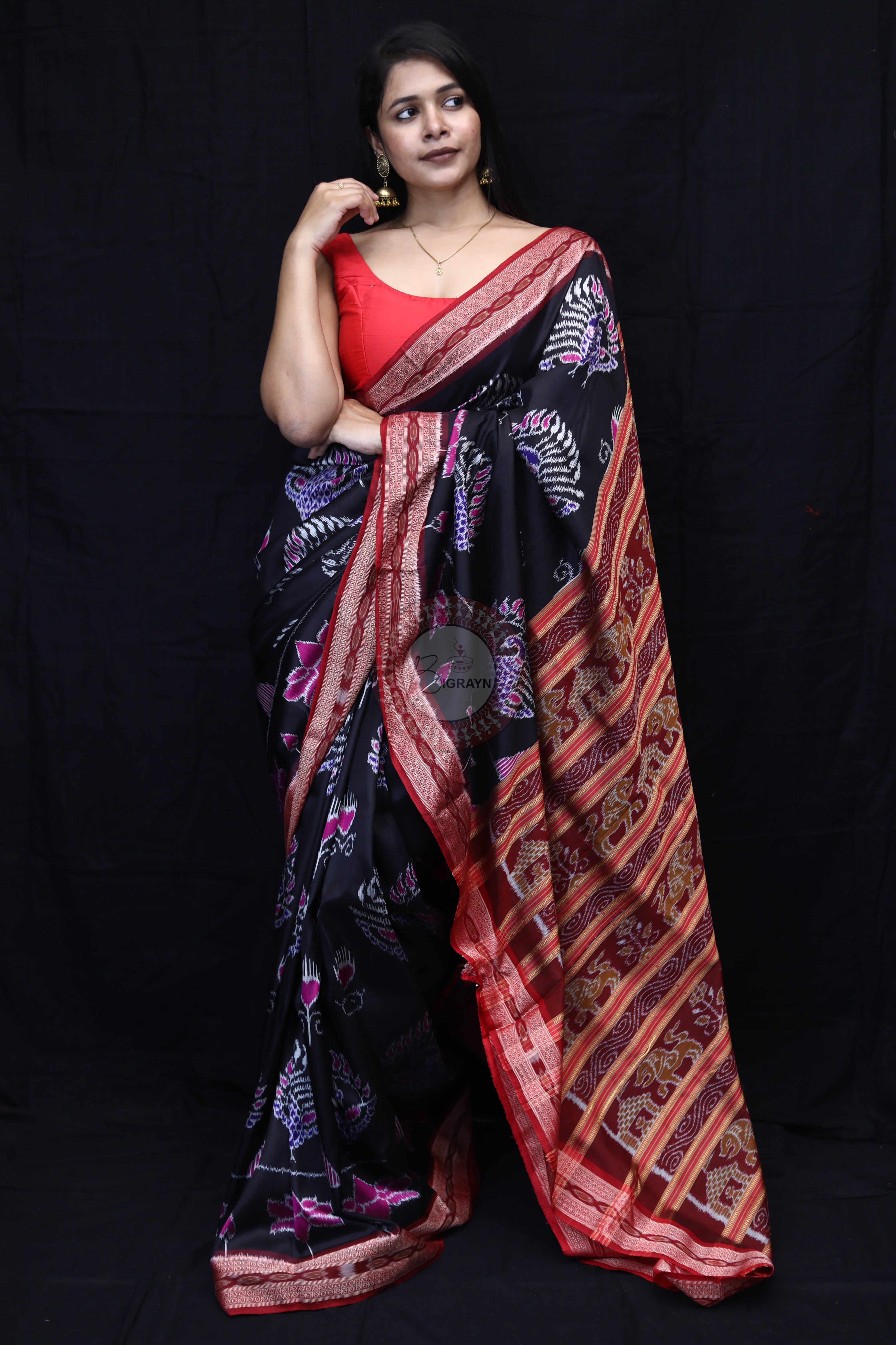 Black Maroon Peacock Lotus Mulberry Silk Saree