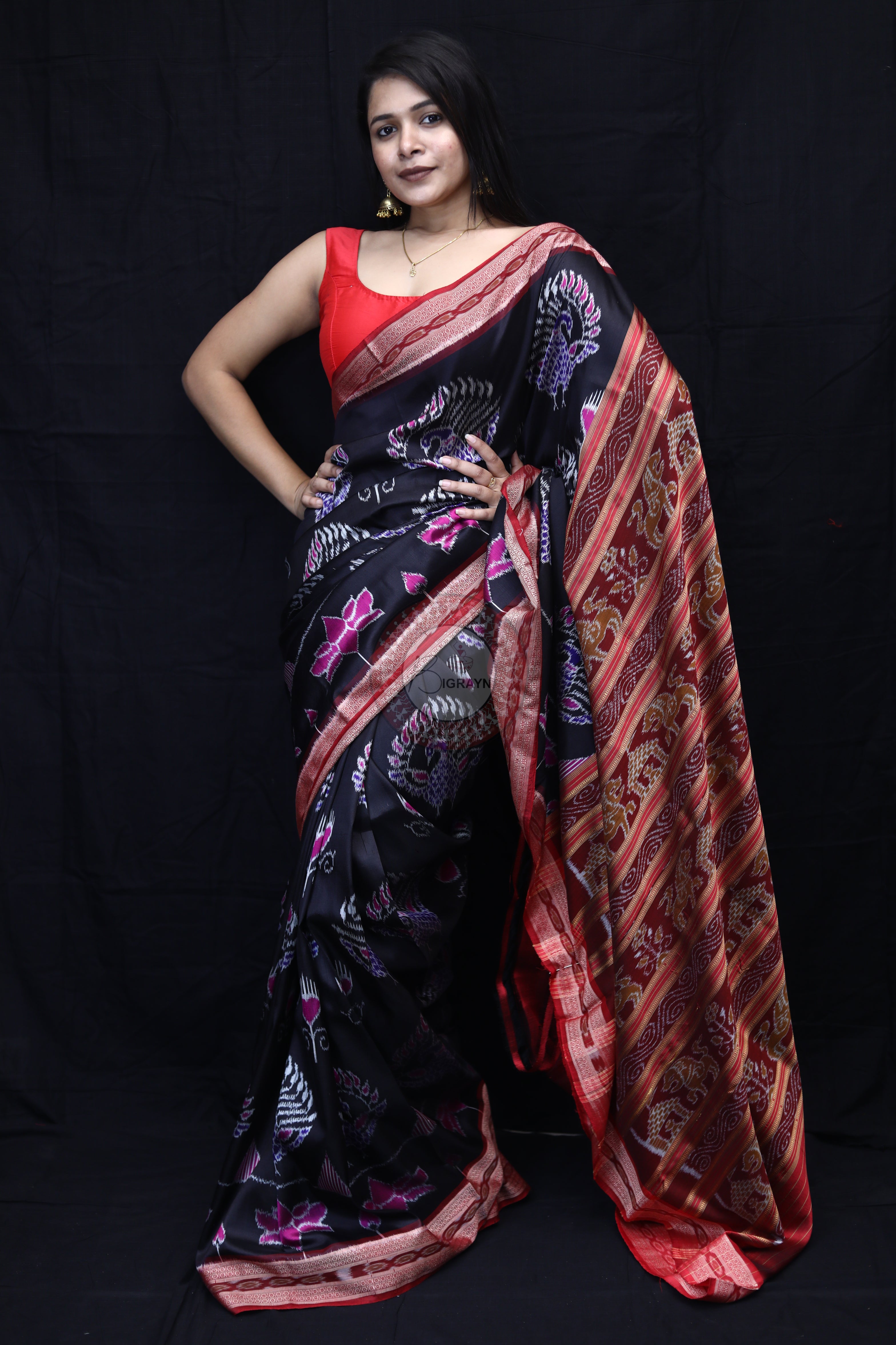 Black Maroon Peacock Lotus Mulberry Silk Saree