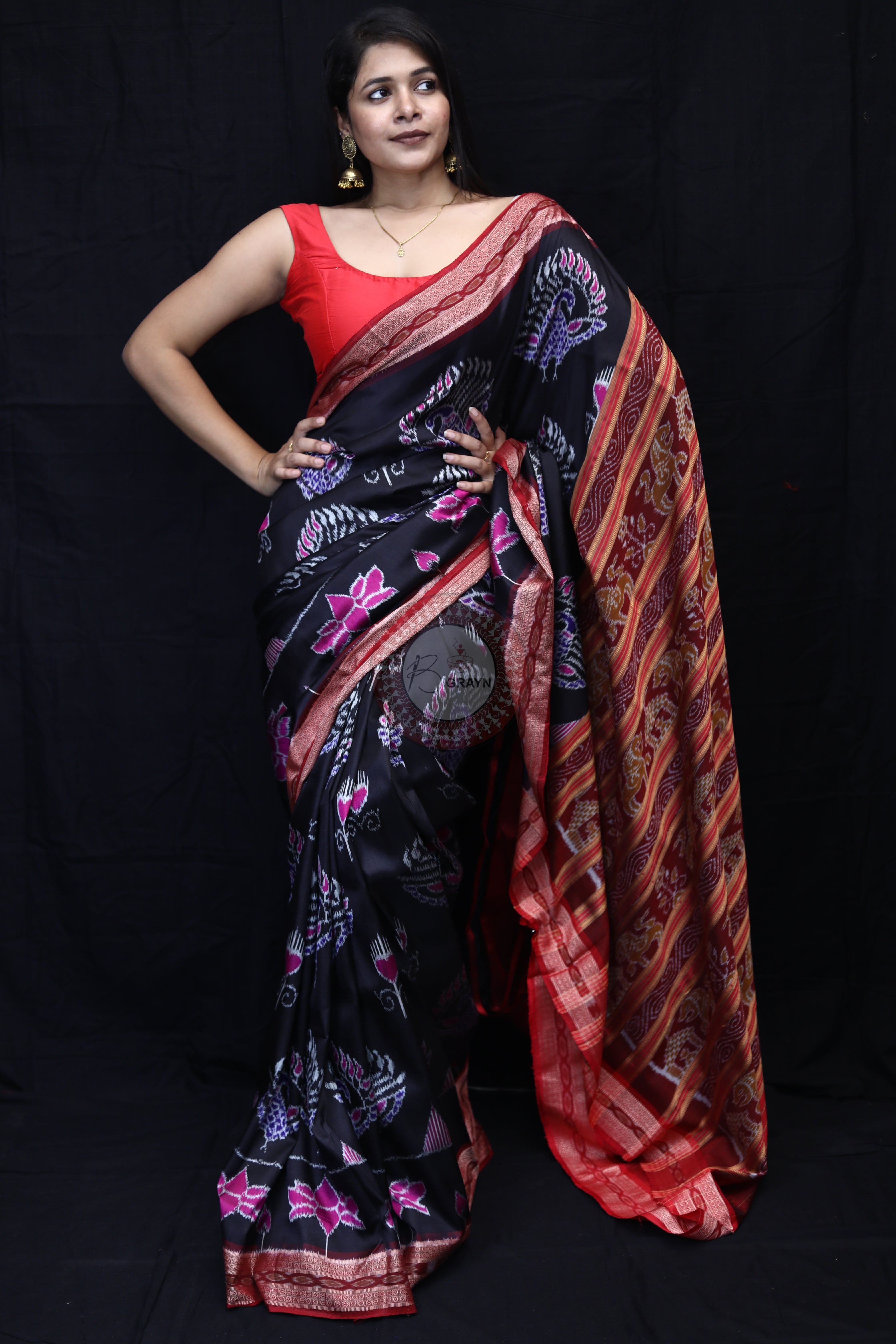 Black Maroon Peacock Lotus Mulberry Silk Saree