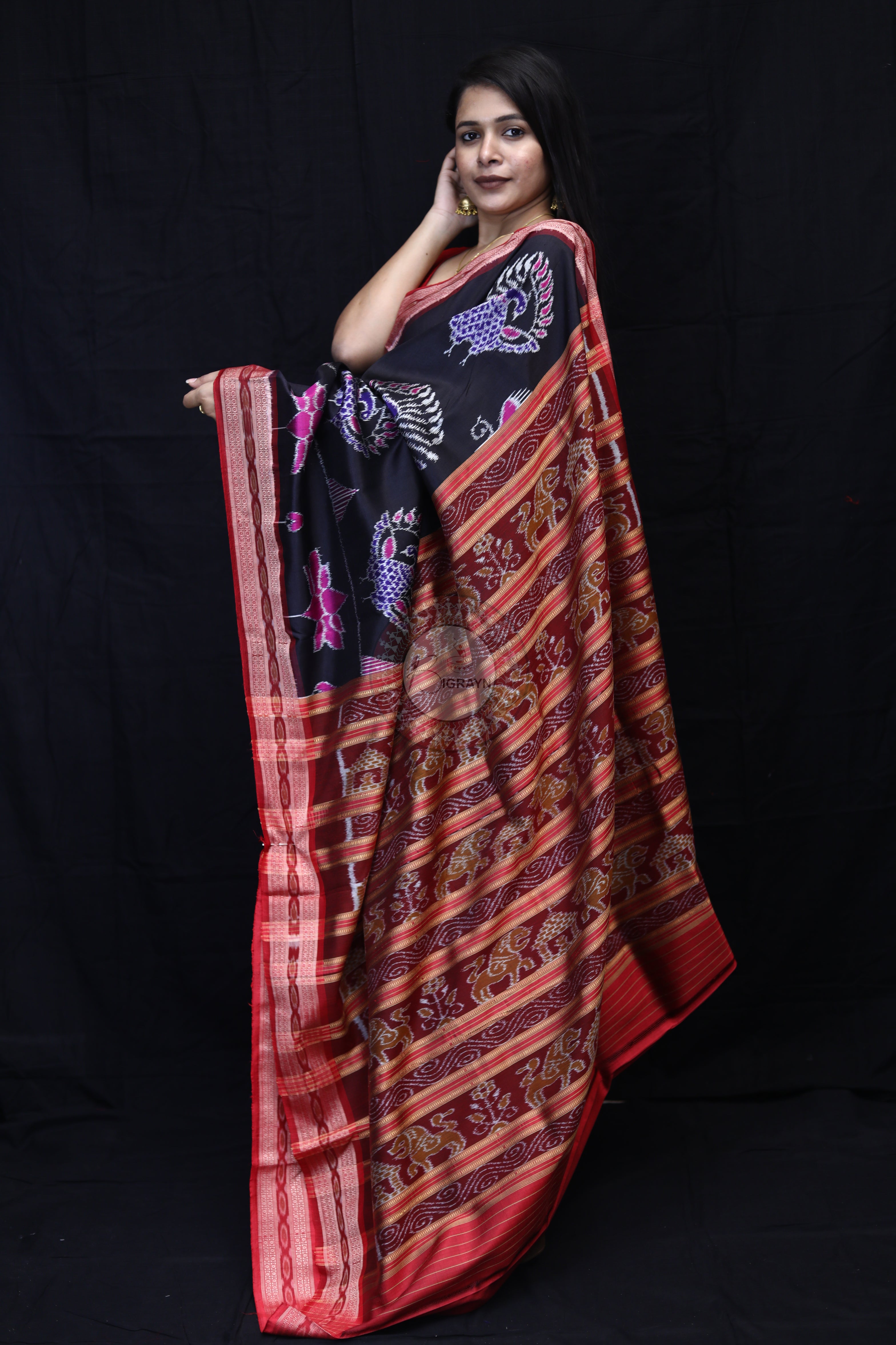Black Maroon Peacock Lotus Mulberry Silk Saree