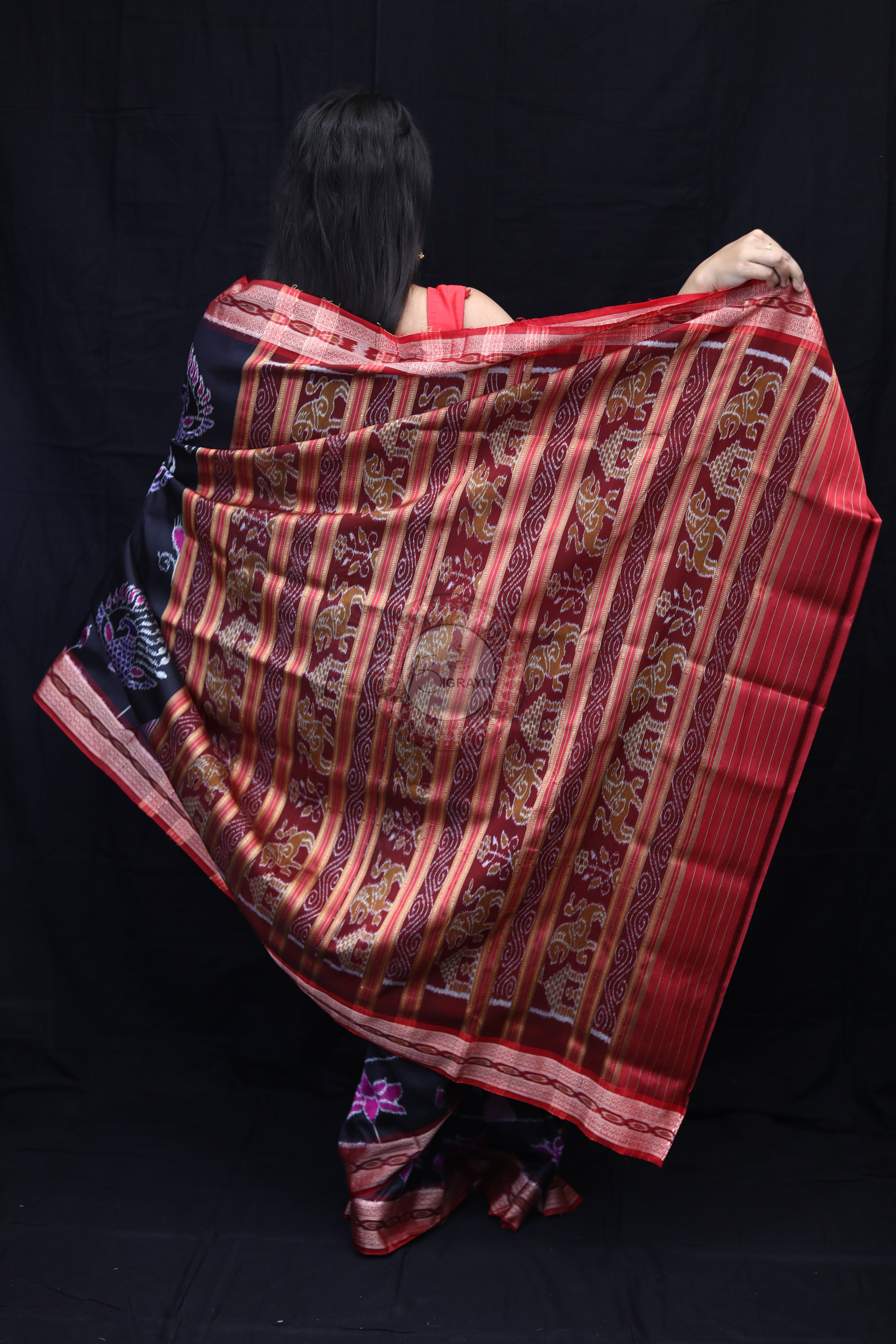 Black Maroon Peacock Lotus Mulberry Silk Saree