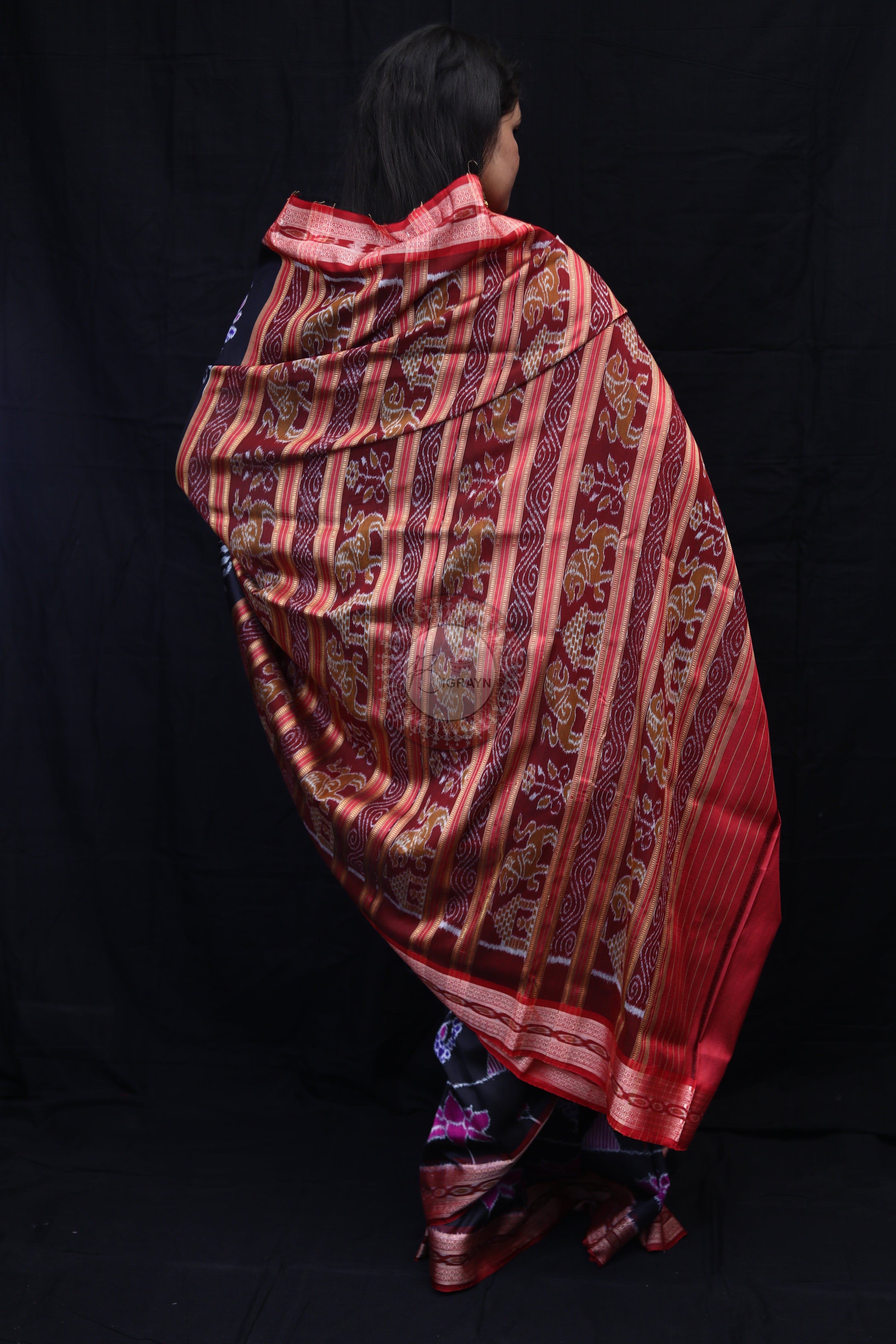 Black Maroon Peacock Lotus Mulberry Silk Saree
