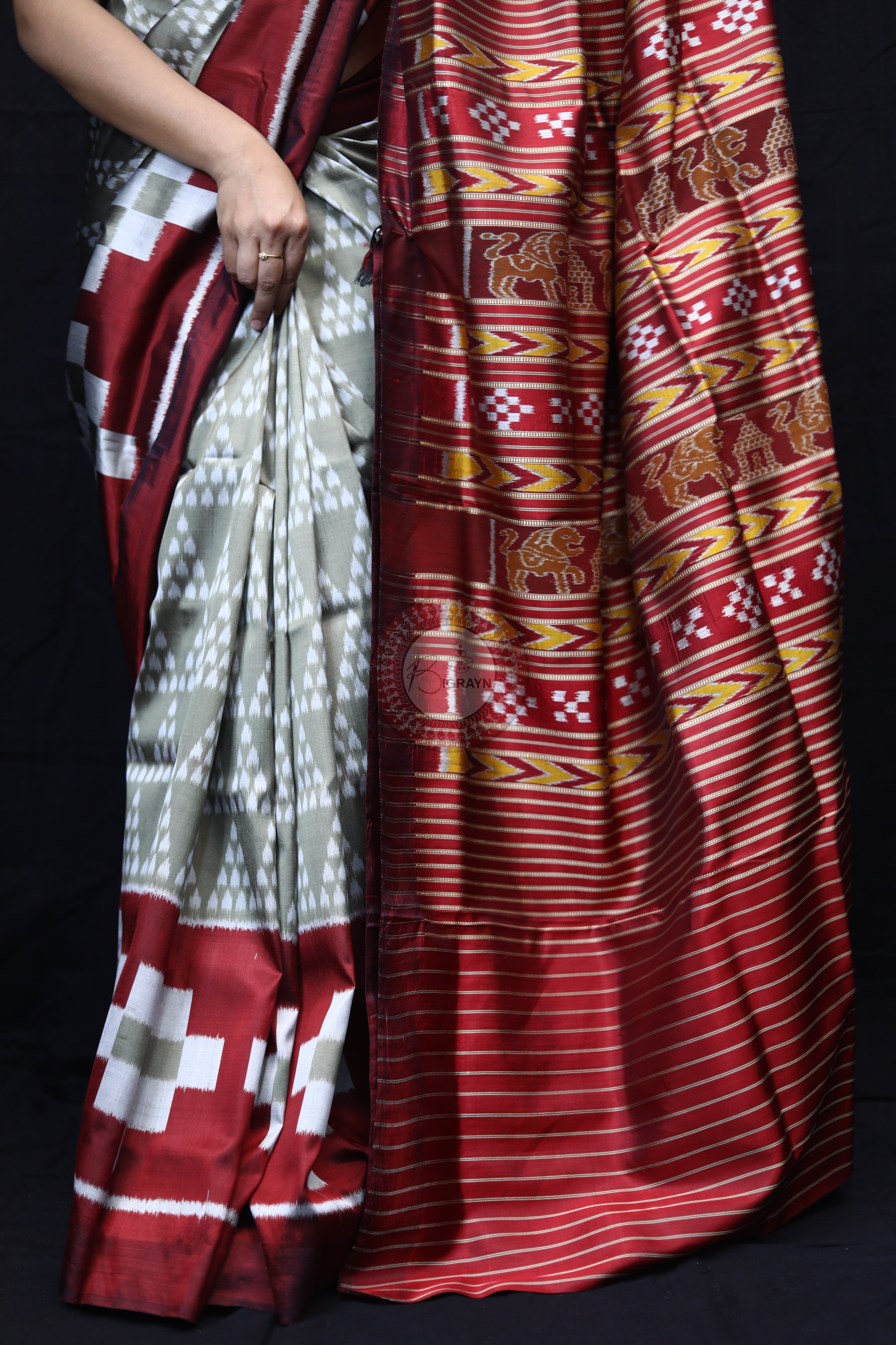 Grey Chita Maroon Pasapali Scot Mulberry Silk Saree