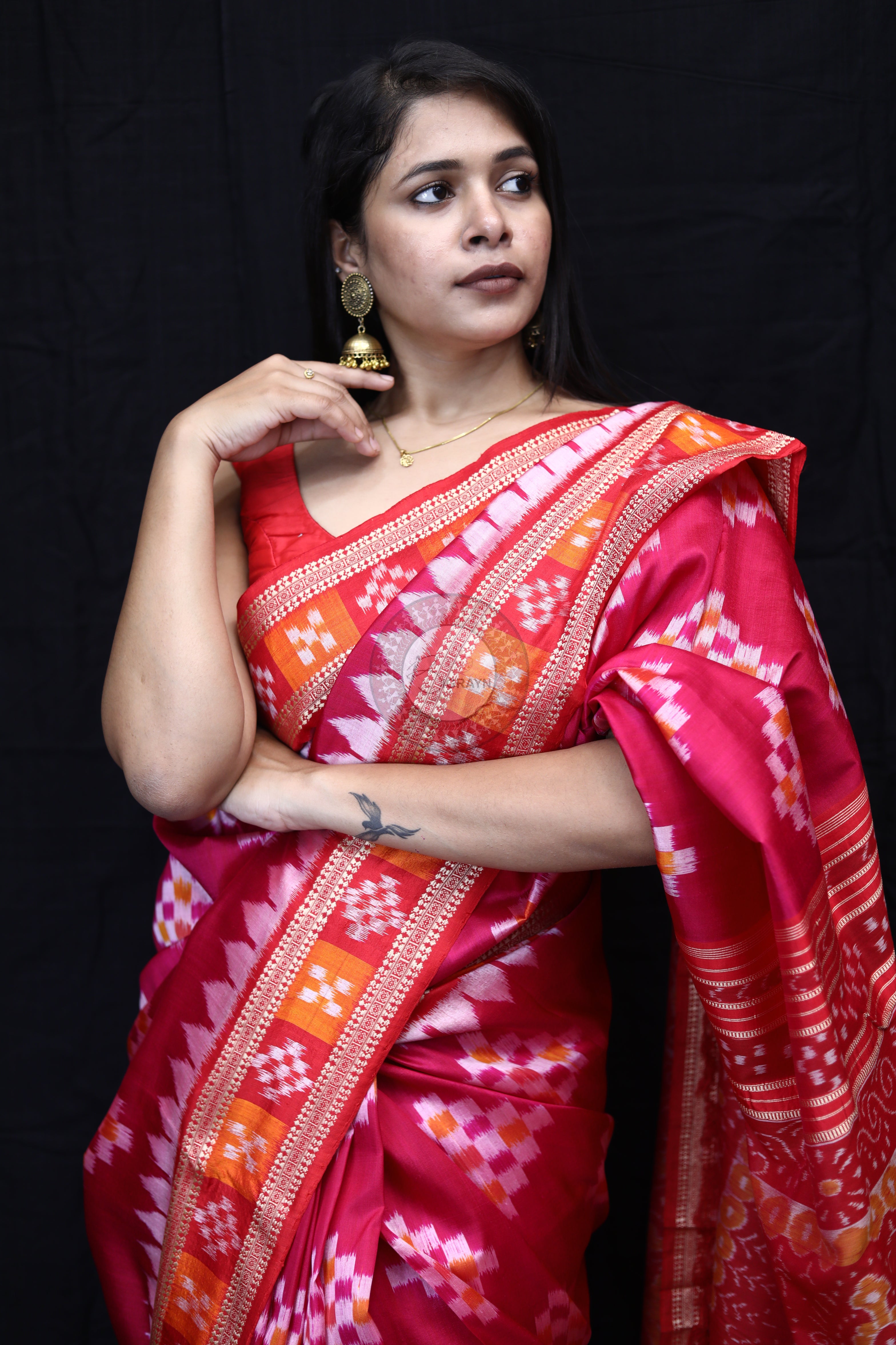Magenta Red Diagonal White Squares Mulberry Silk Saree