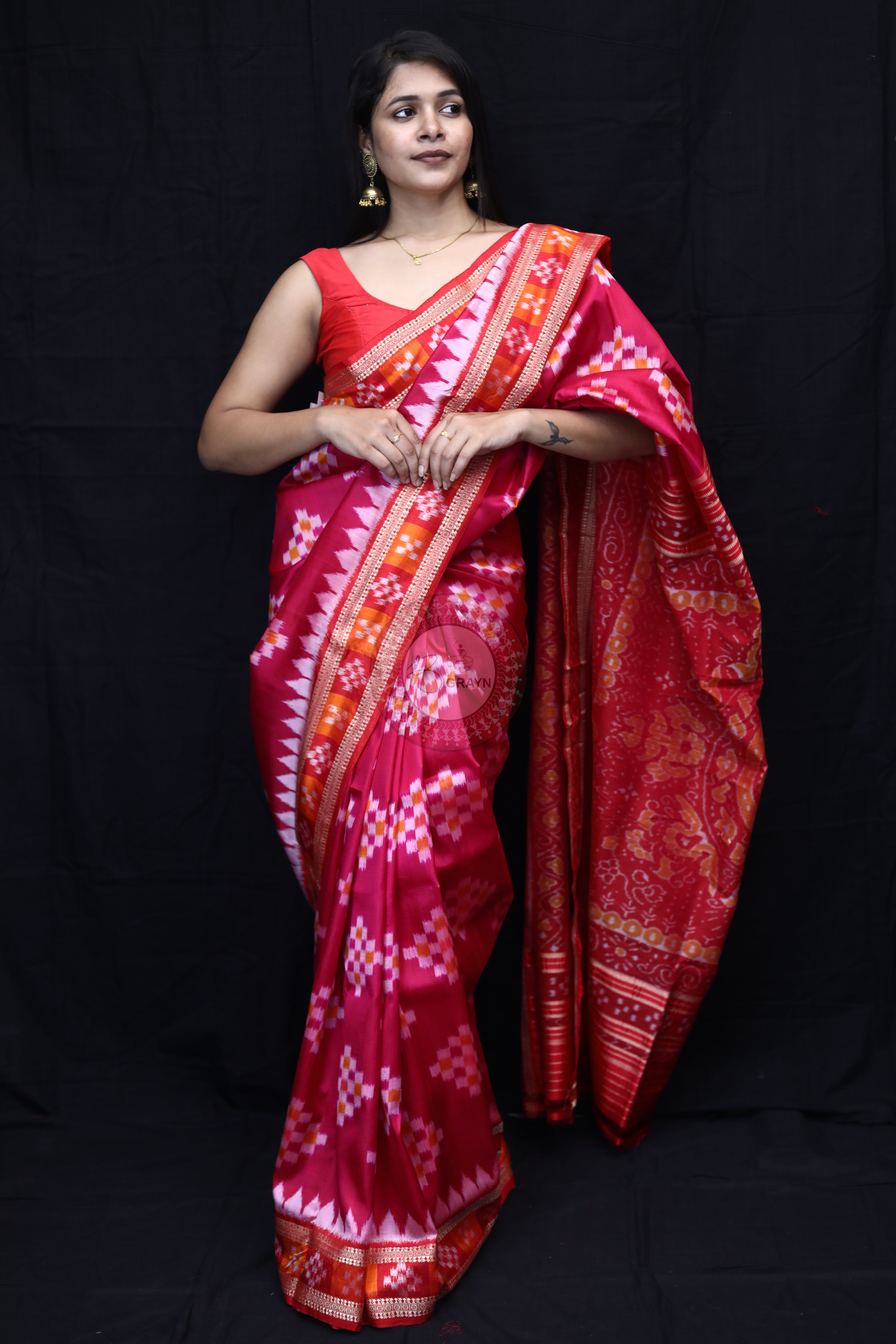 Magenta Red Diagonal White Squares Mulberry Silk Saree