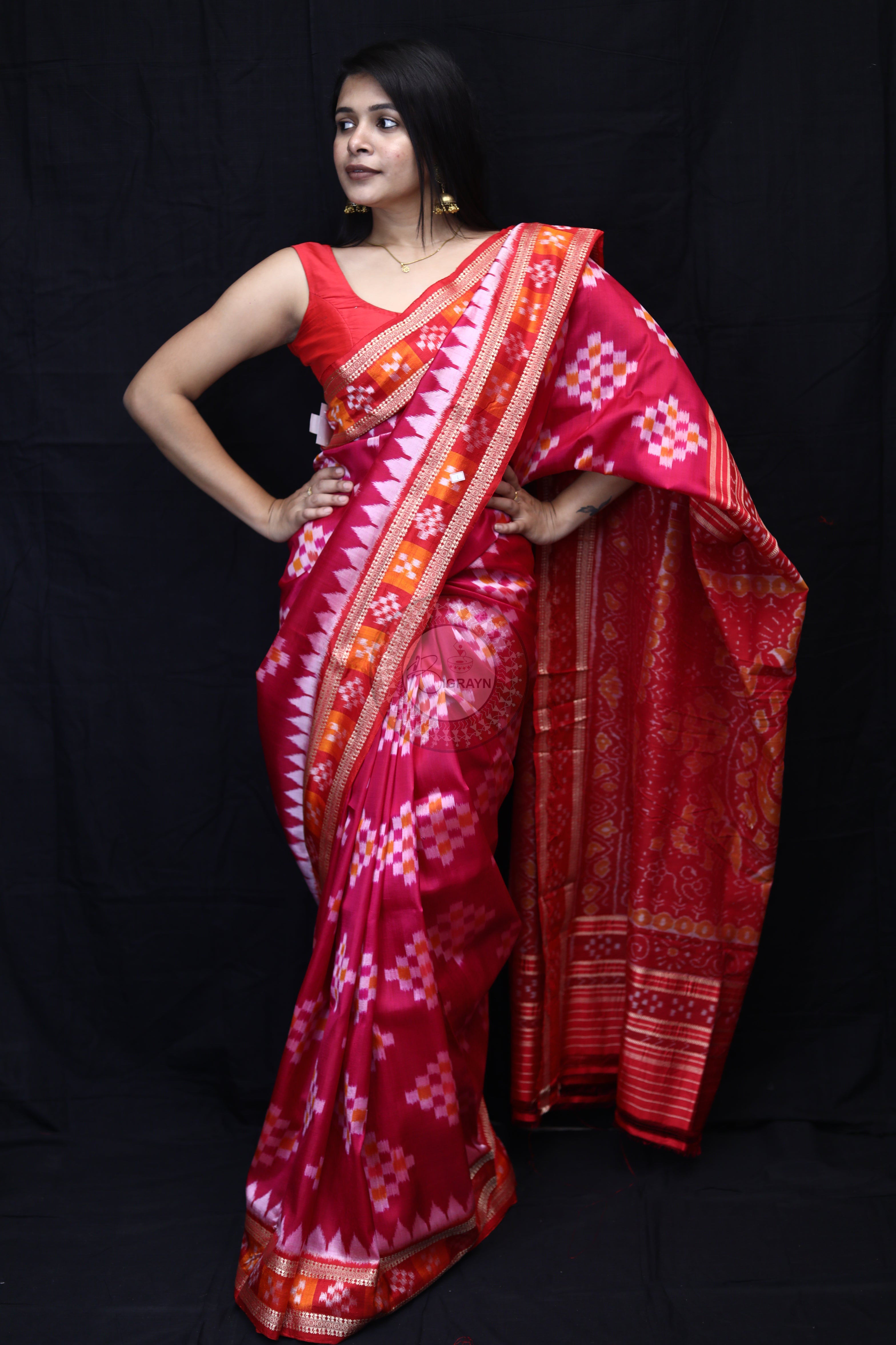 Magenta Red Diagonal White Squares Mulberry Silk Saree