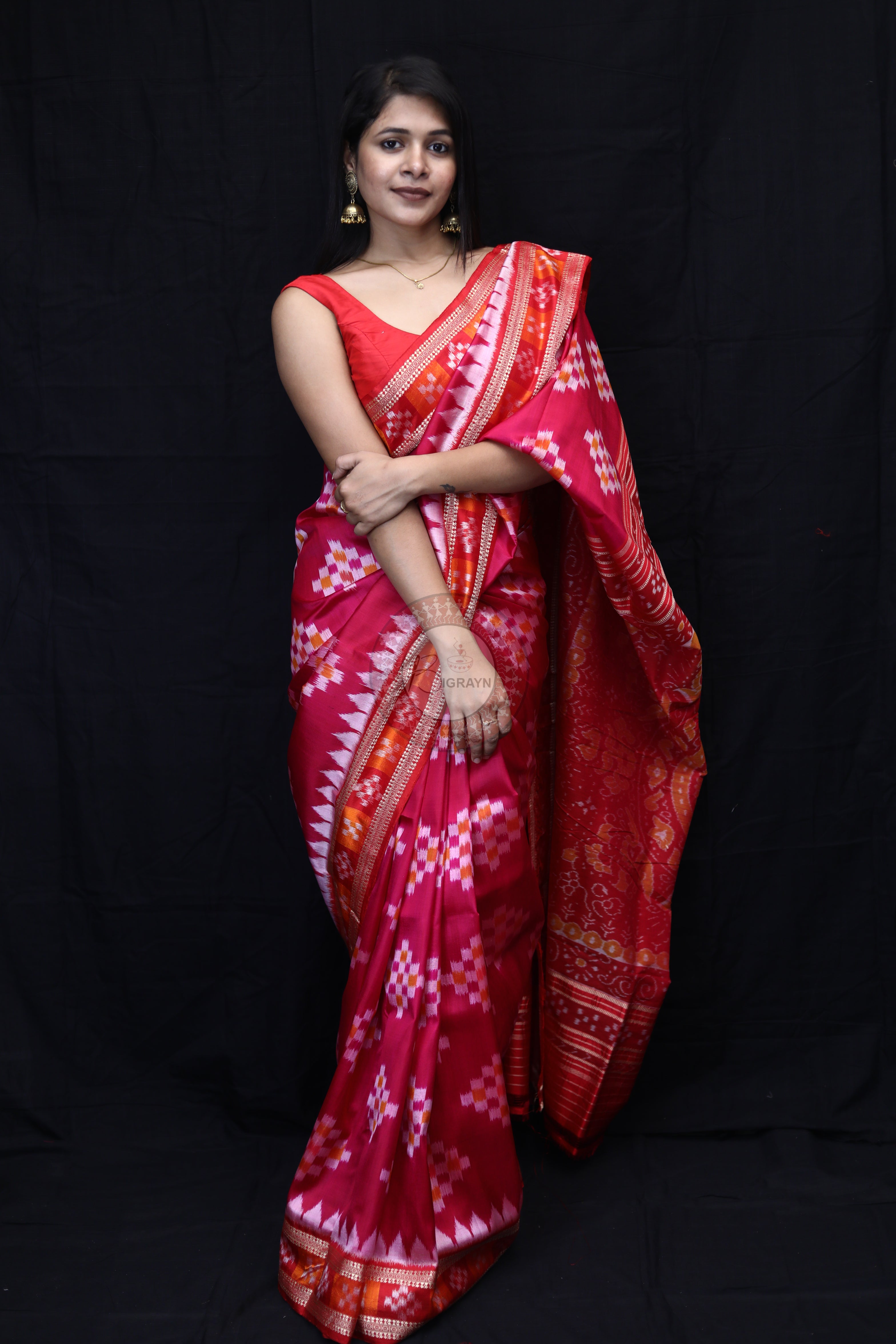 Magenta Red Diagonal White Squares Mulberry Silk Saree