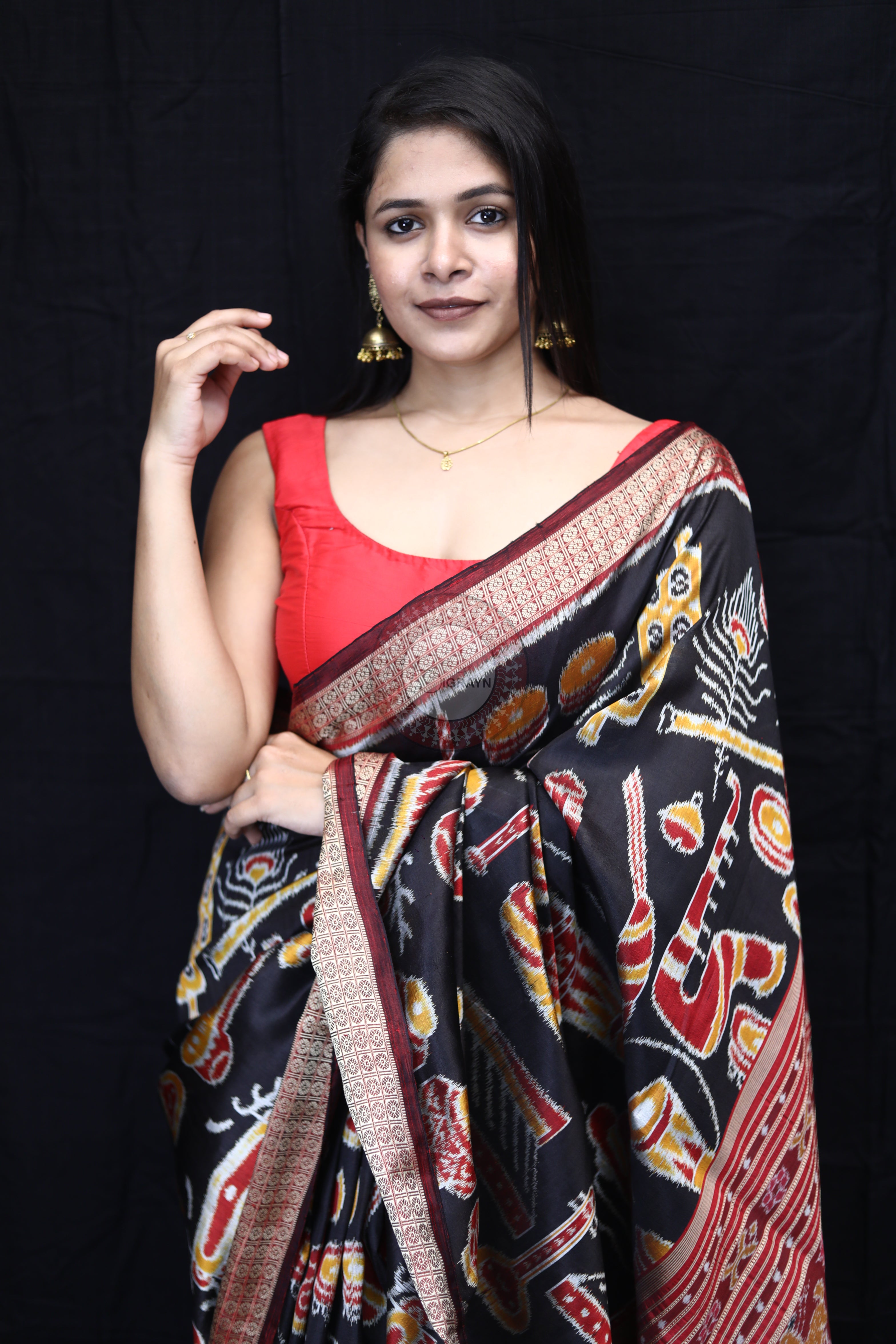 Black Maroon Musical Instruments Mulberry Silk Saree