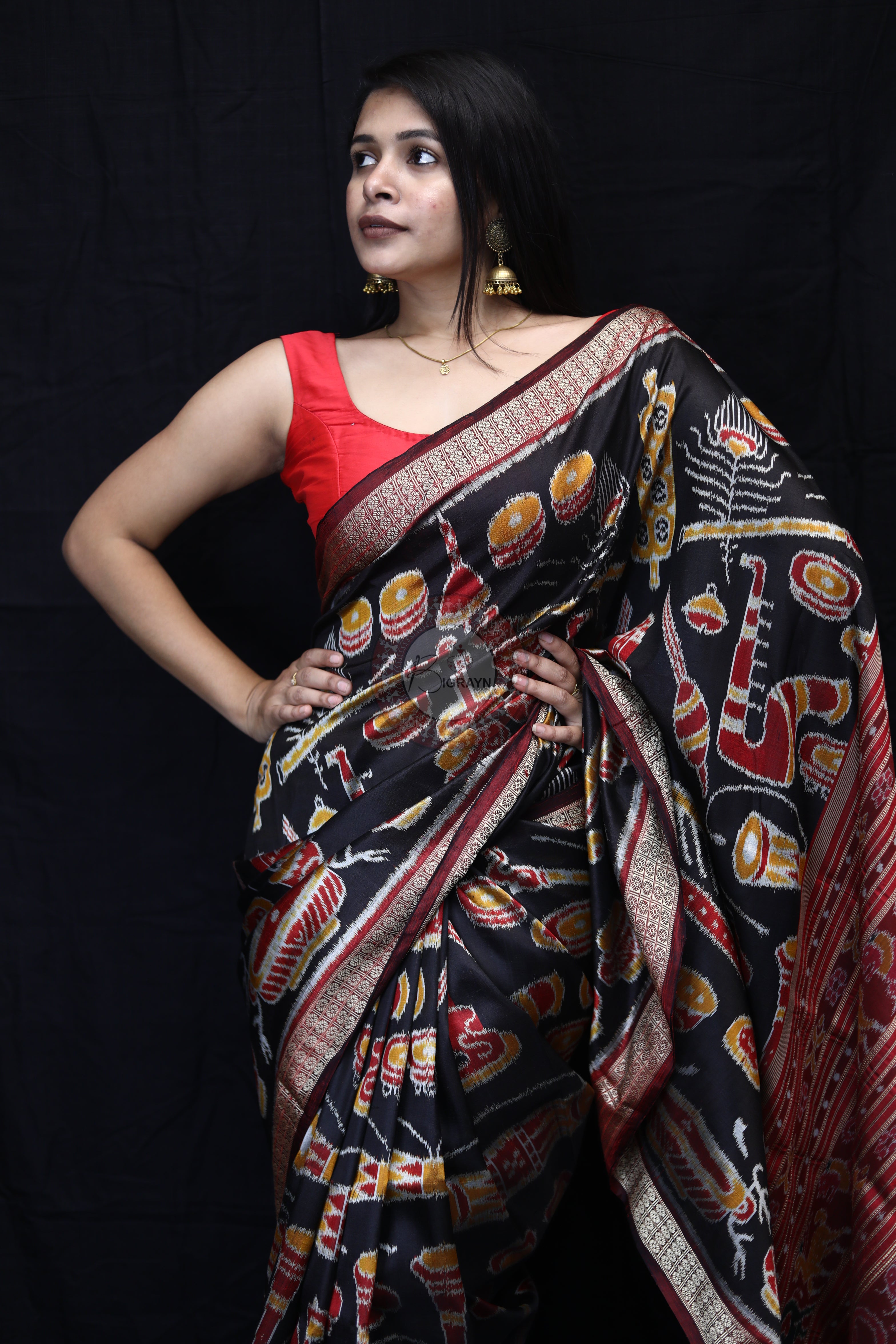 Black Maroon Musical Instruments Mulberry Silk Saree