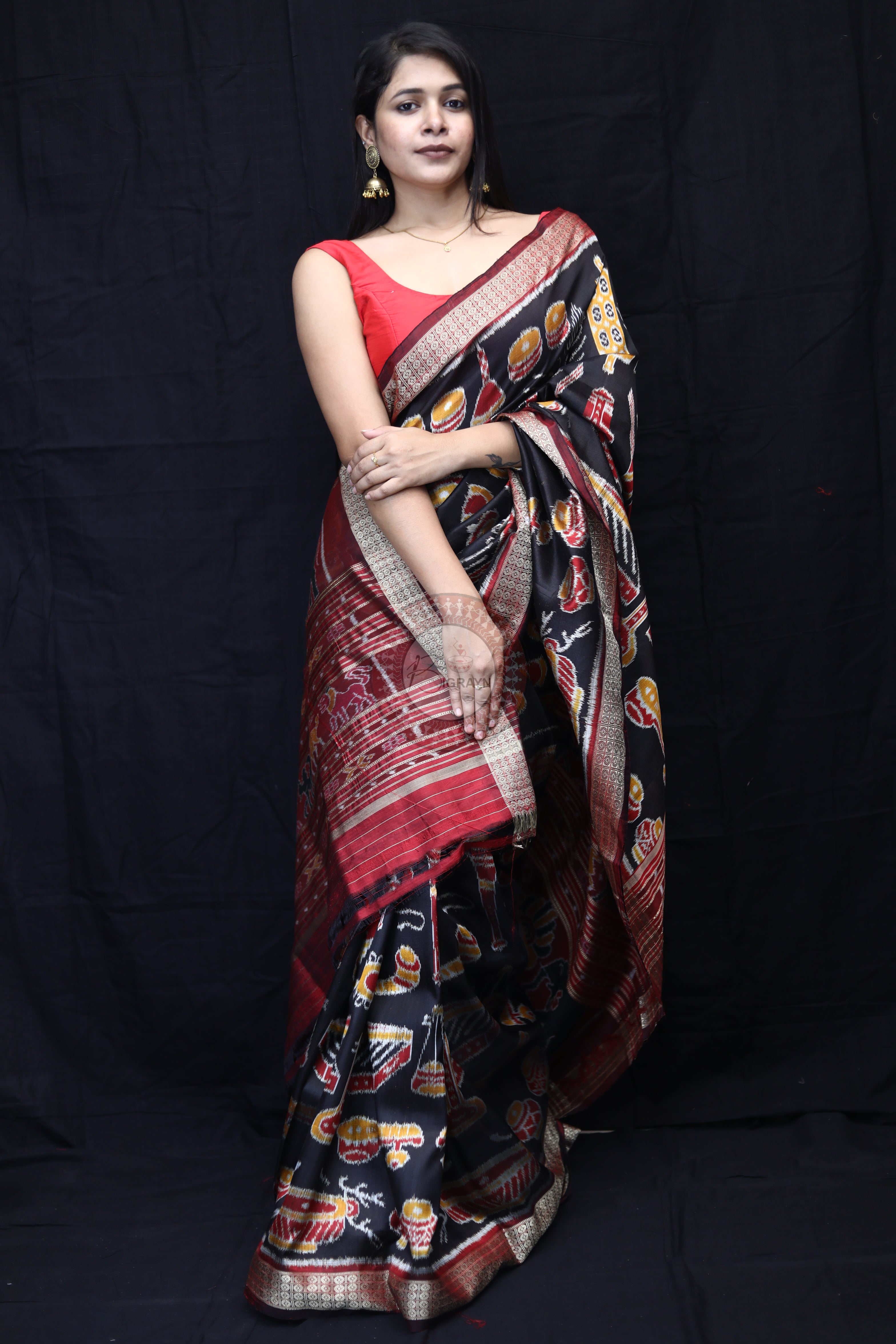 Black Maroon Musical Instruments Mulberry Silk Saree