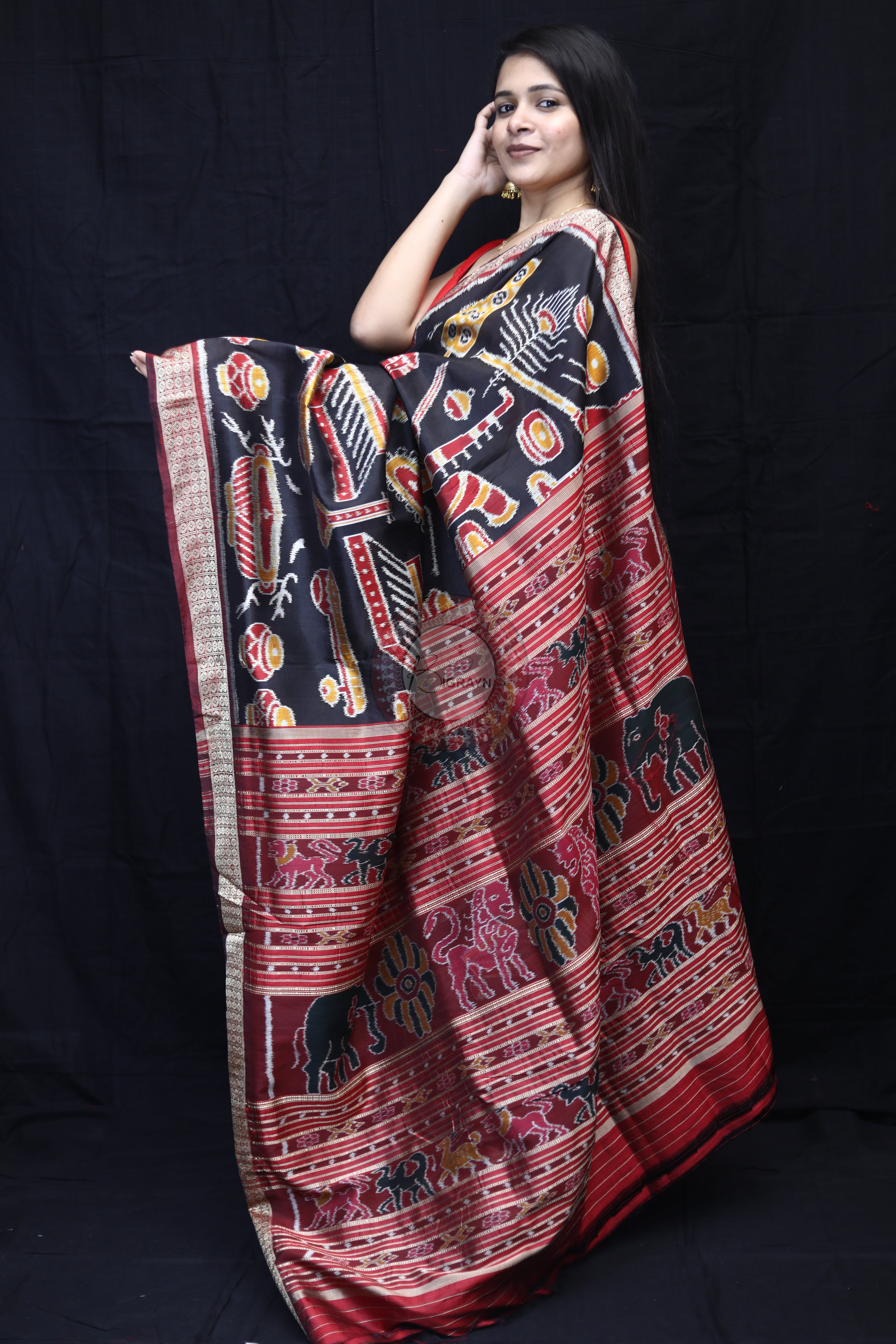 Black Maroon Musical Instruments Mulberry Silk Saree