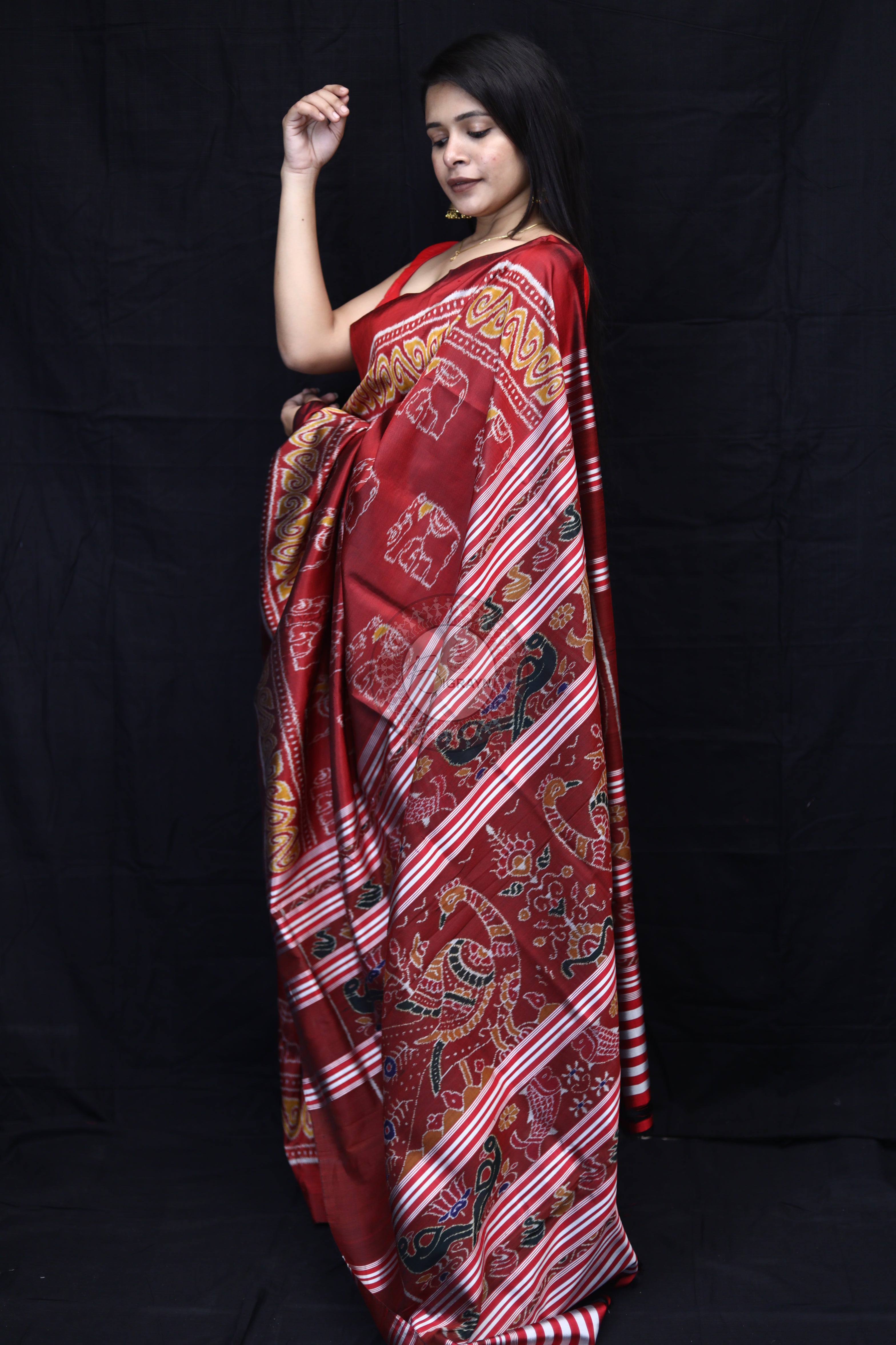 Maroon Elephant Body Mulberry Silk Saree