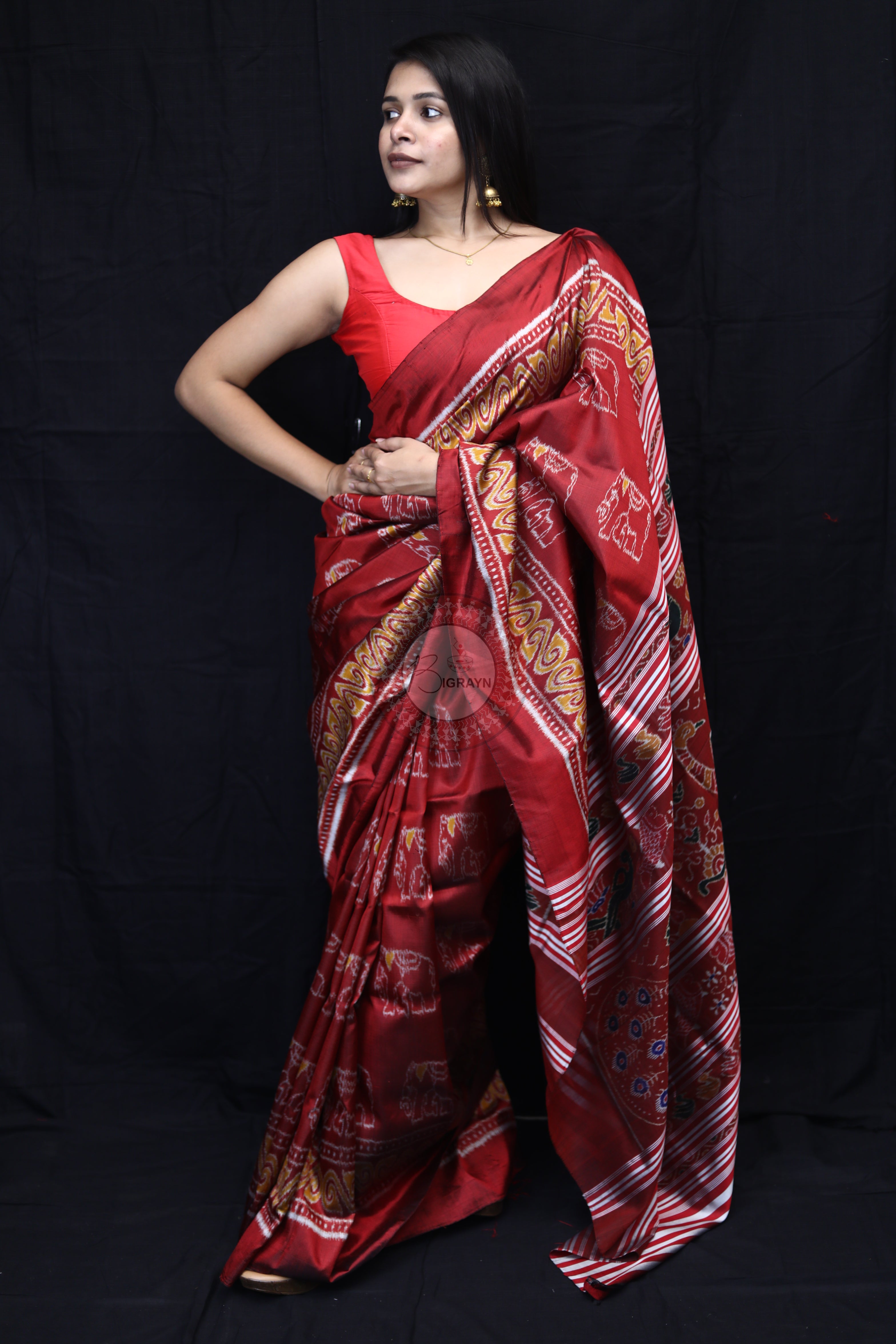 Maroon Elephant Body Mulberry Silk Saree