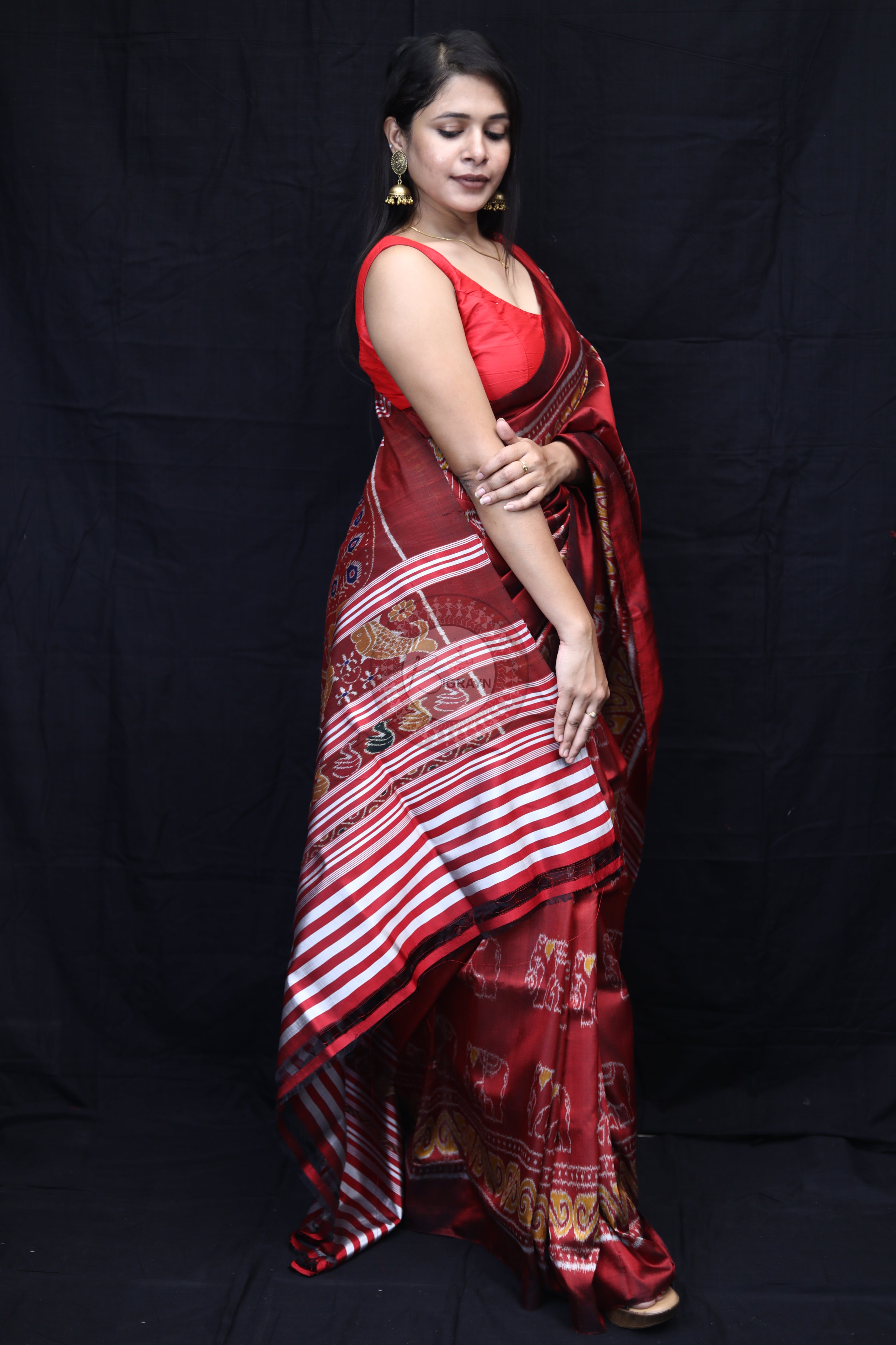 Maroon Elephant Body Mulberry Silk Saree
