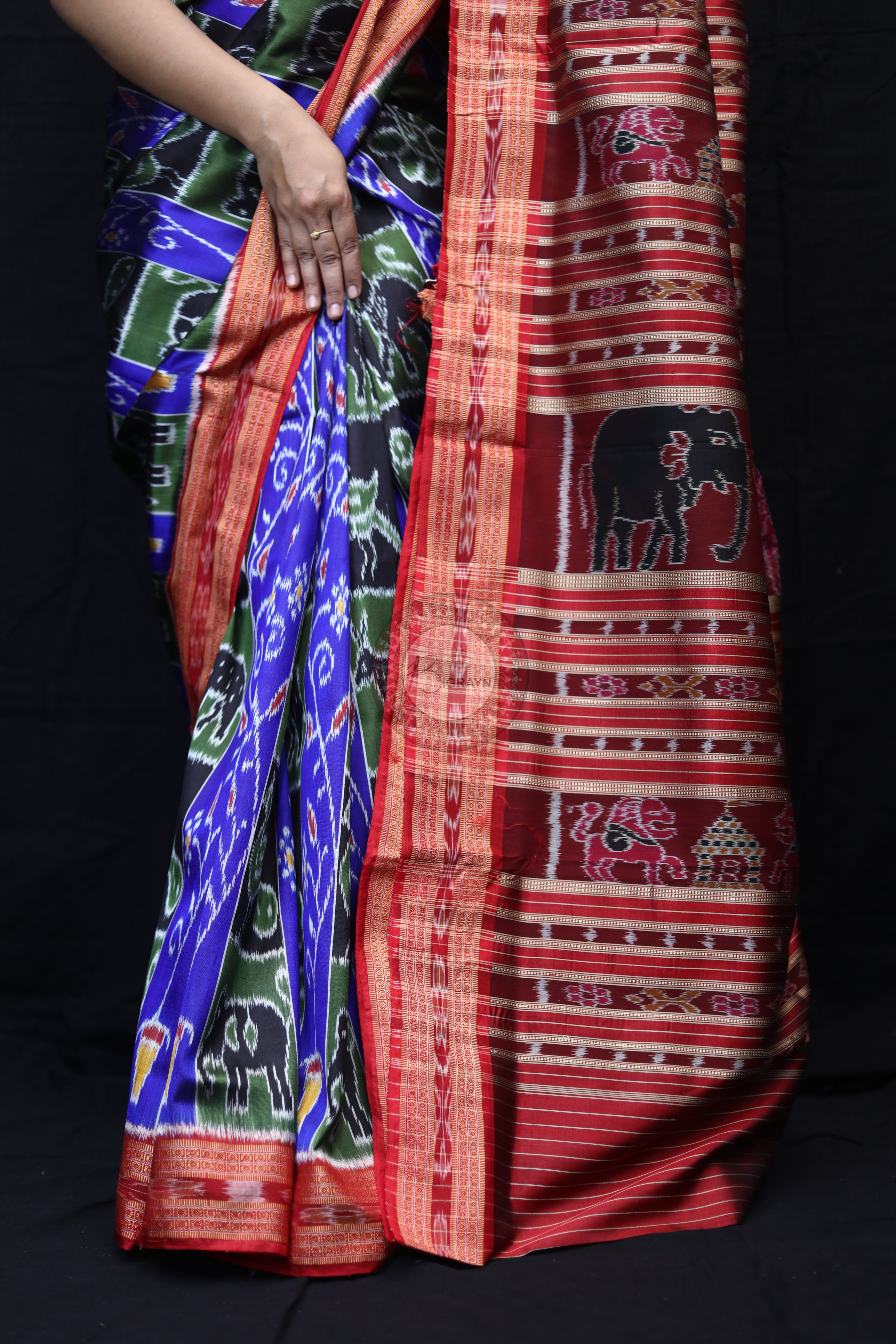 Blue Red Black Mehndi Animal Bandha Mulberry Silk Saree