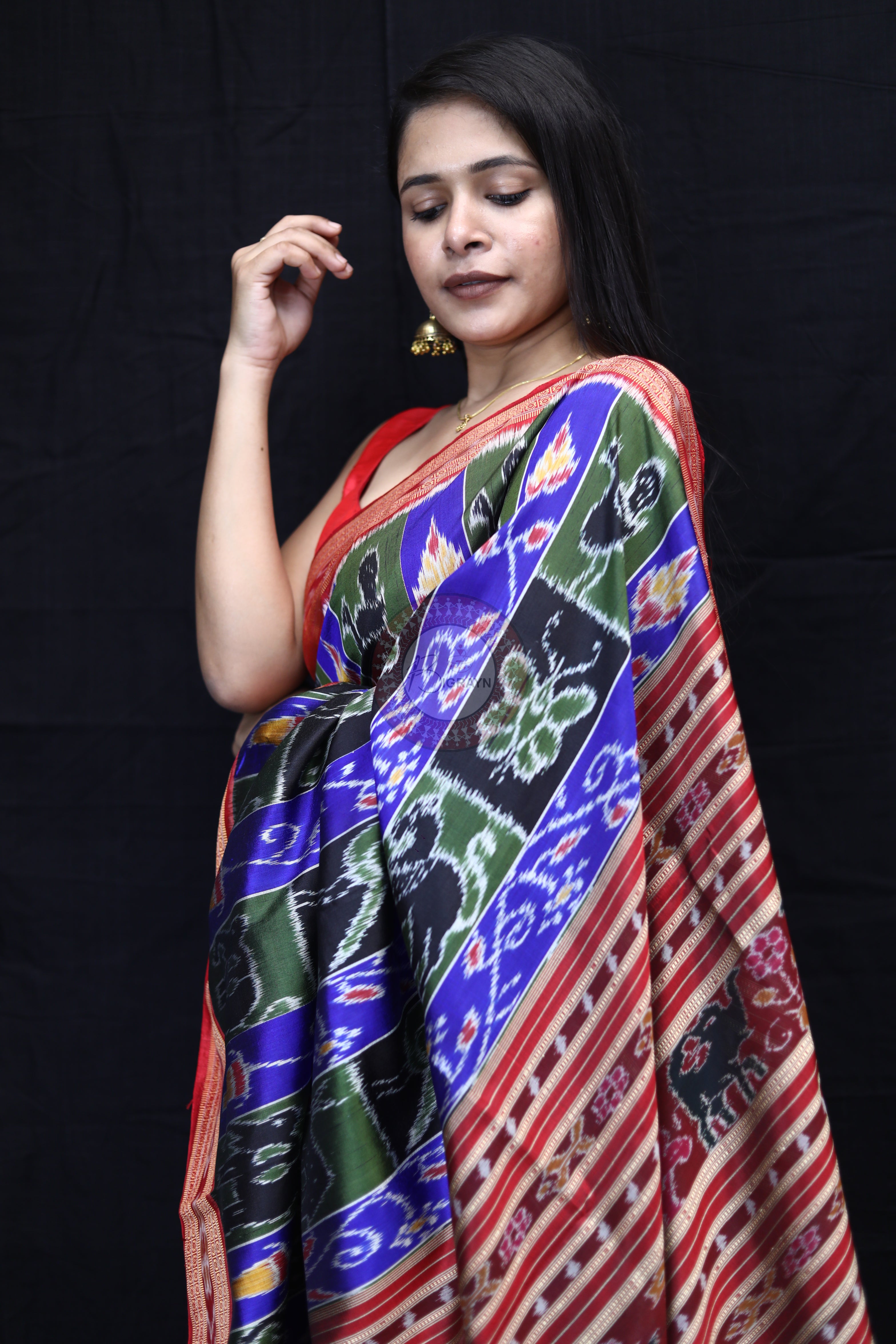Blue Red Black Mehndi Animal Bandha Mulberry Silk Saree