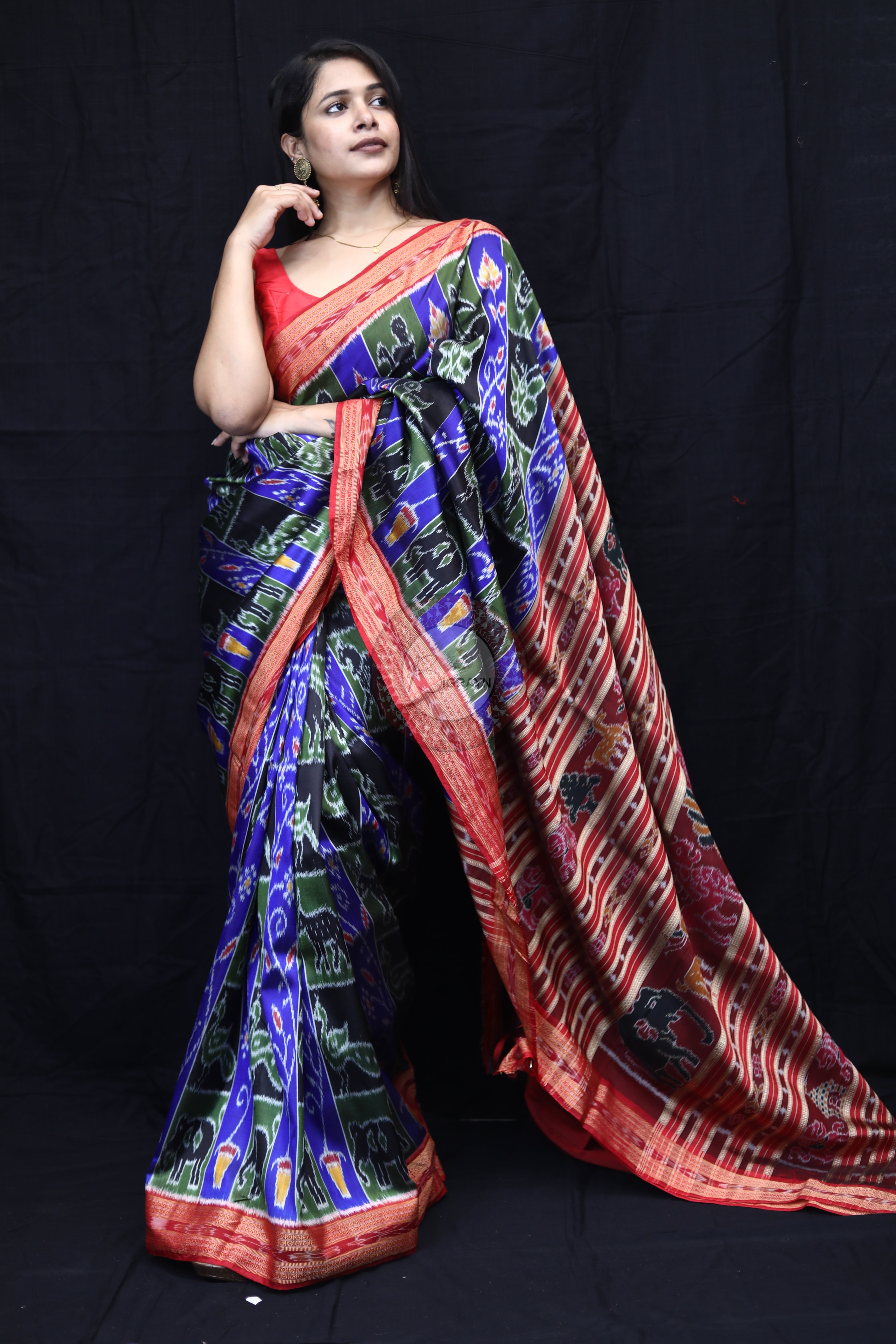Blue Red Black Mehndi Animal Bandha Mulberry Silk Saree