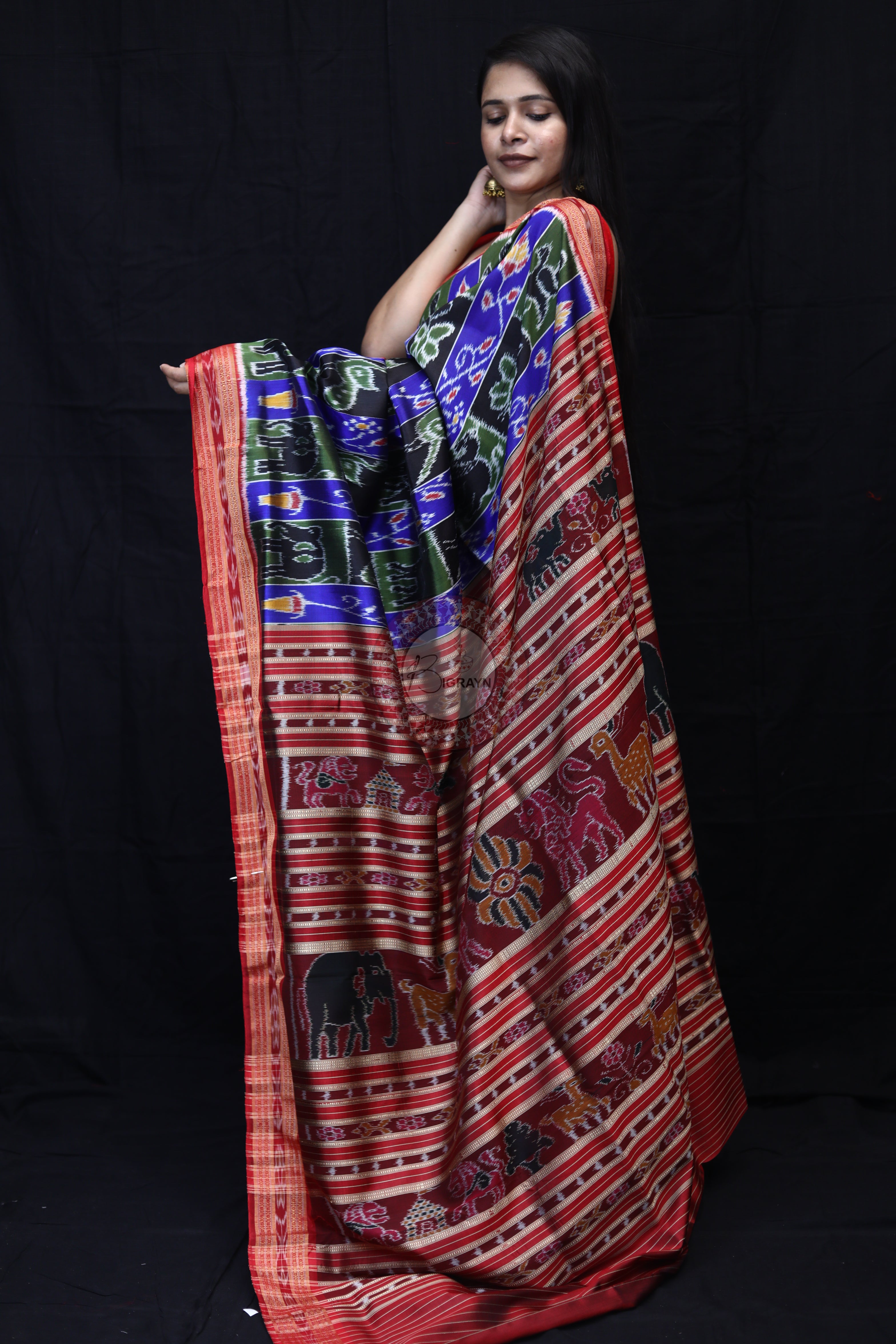 Blue Red Black Mehndi Animal Bandha Mulberry Silk Saree