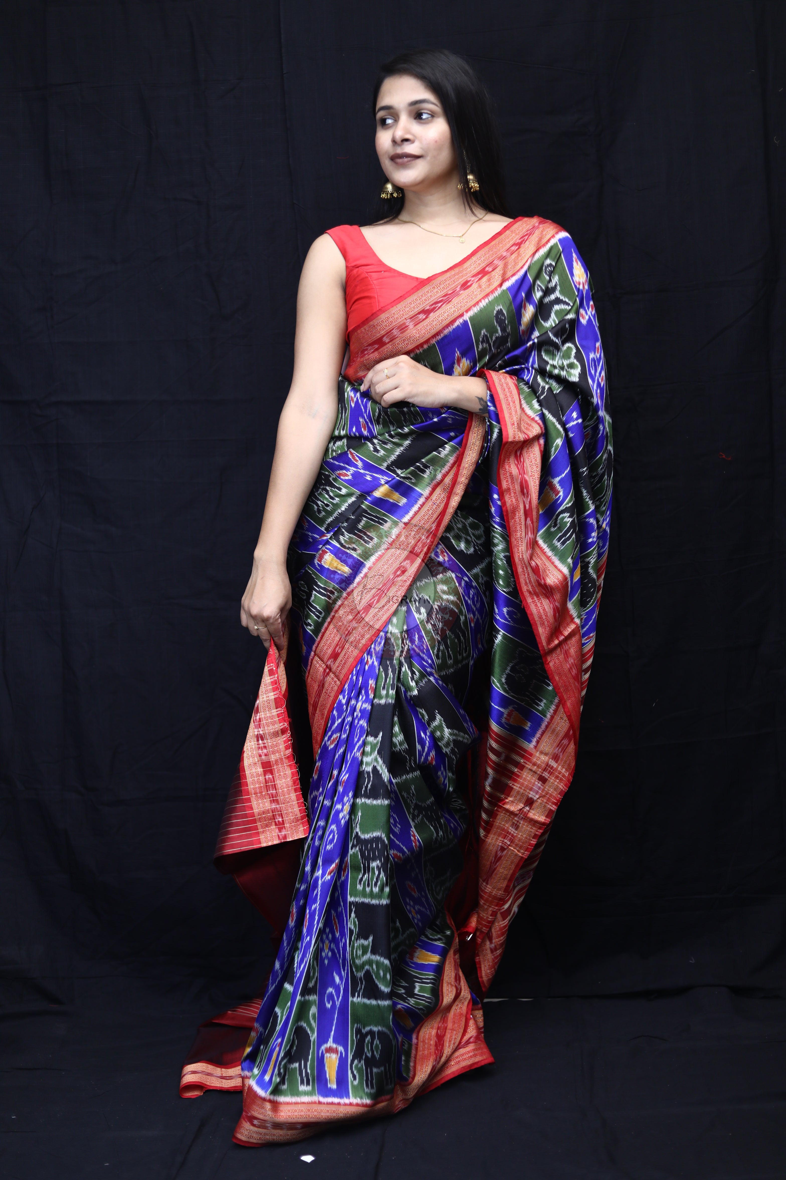 Blue Red Black Mehndi Animal Bandha Mulberry Silk Saree