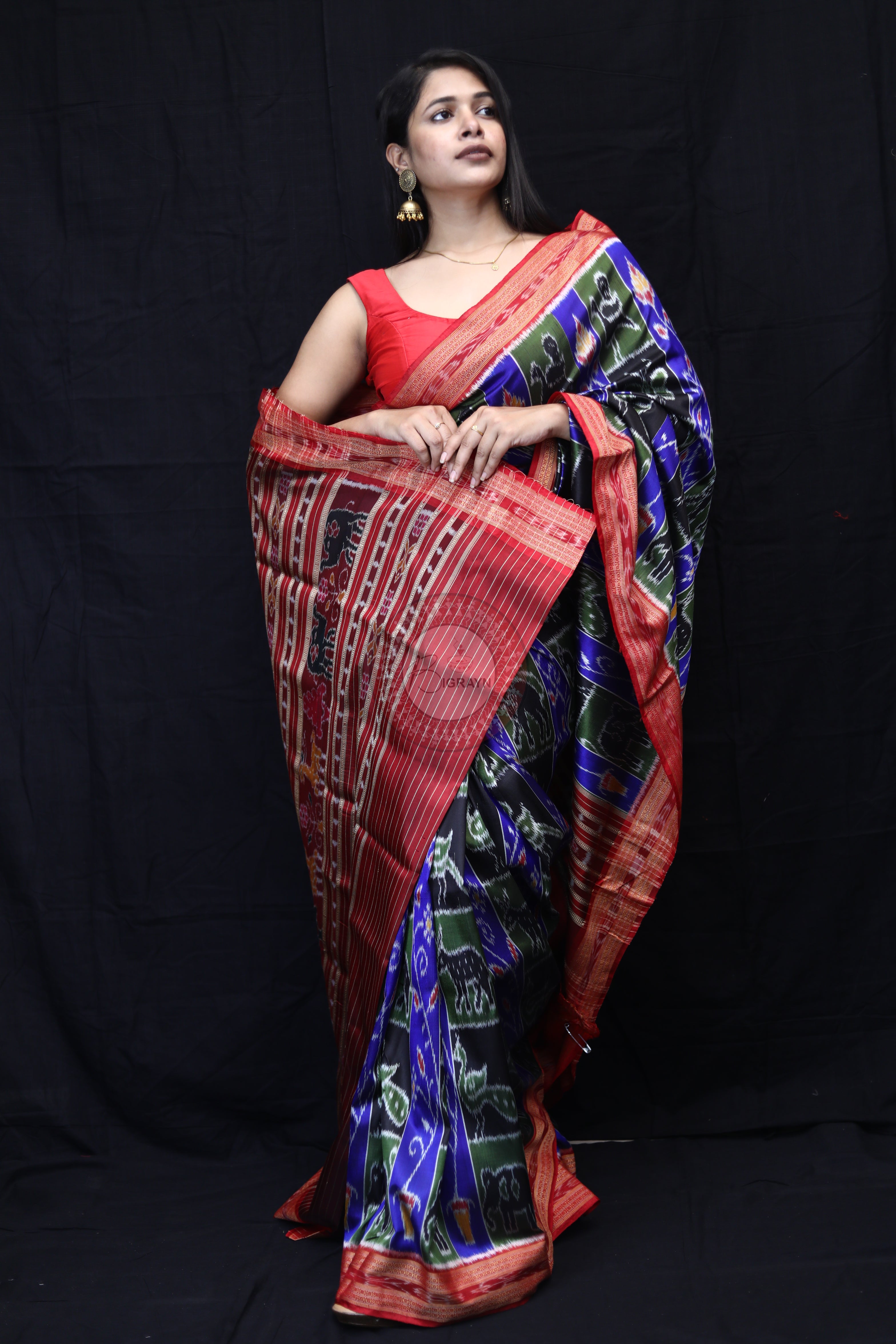 Blue Red Black Mehndi Animal Bandha Mulberry Silk Saree