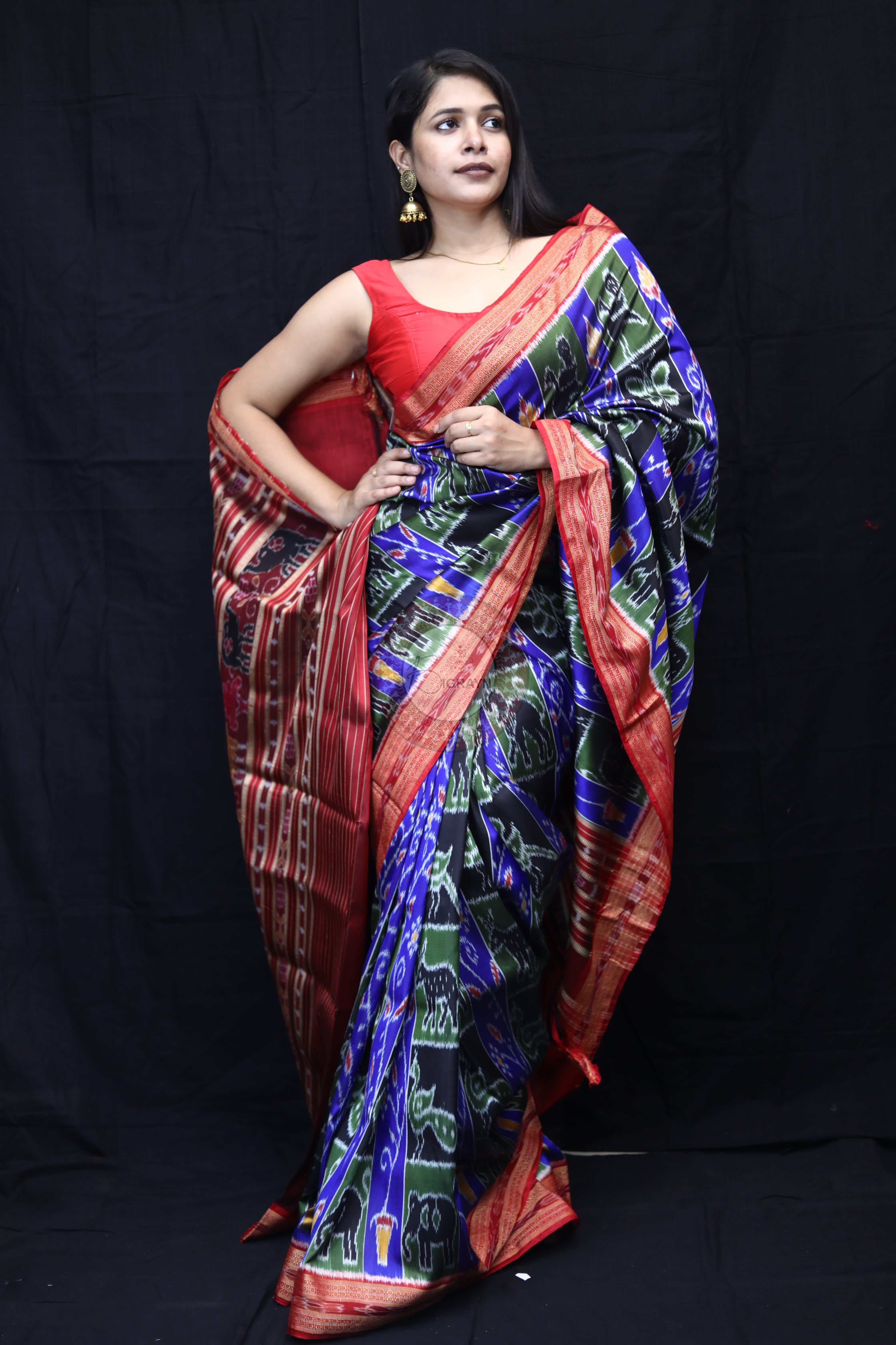 Blue Red Black Mehndi Animal Bandha Mulberry Silk Saree
