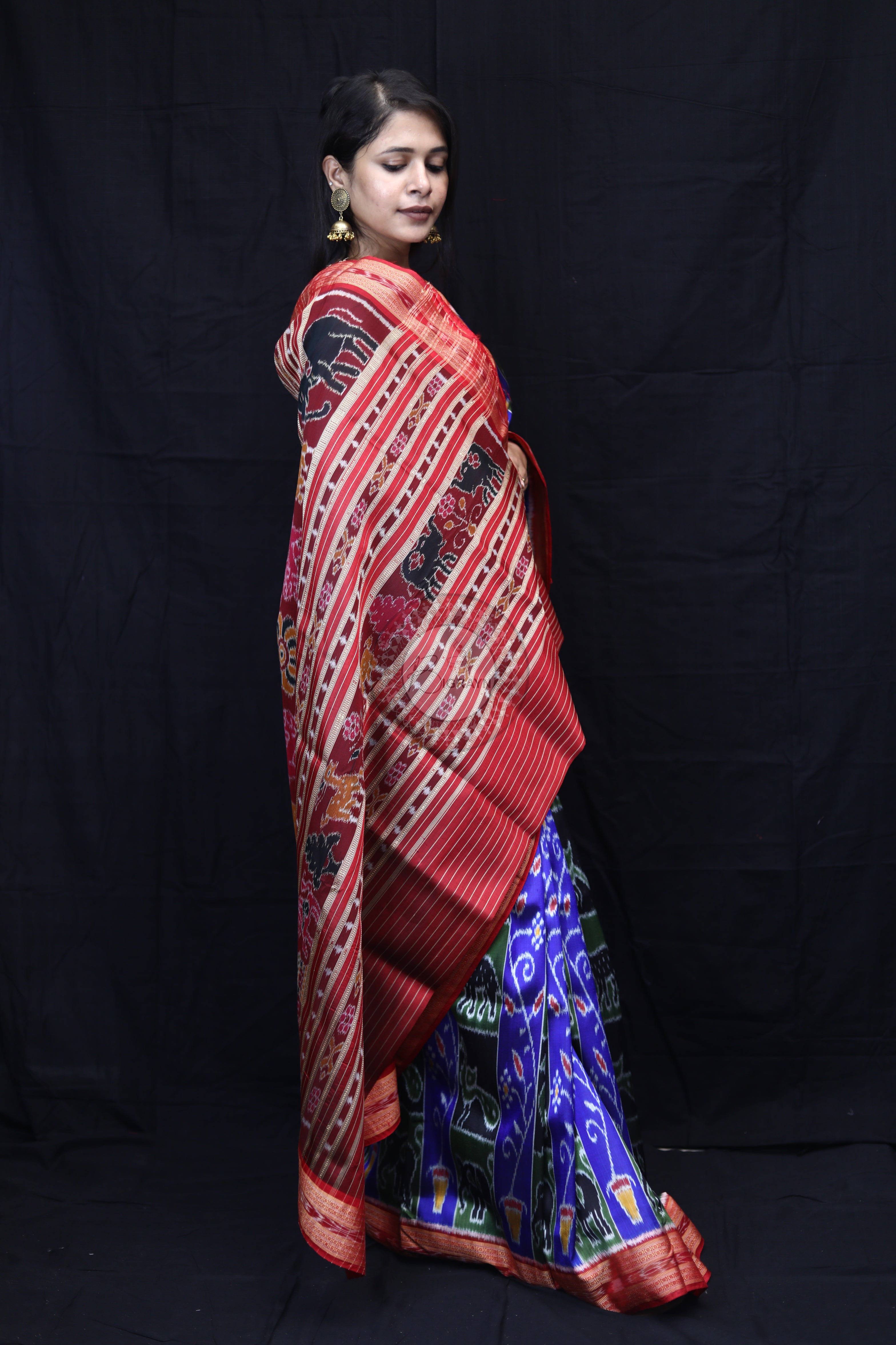 Blue Red Black Mehndi Animal Bandha Mulberry Silk Saree