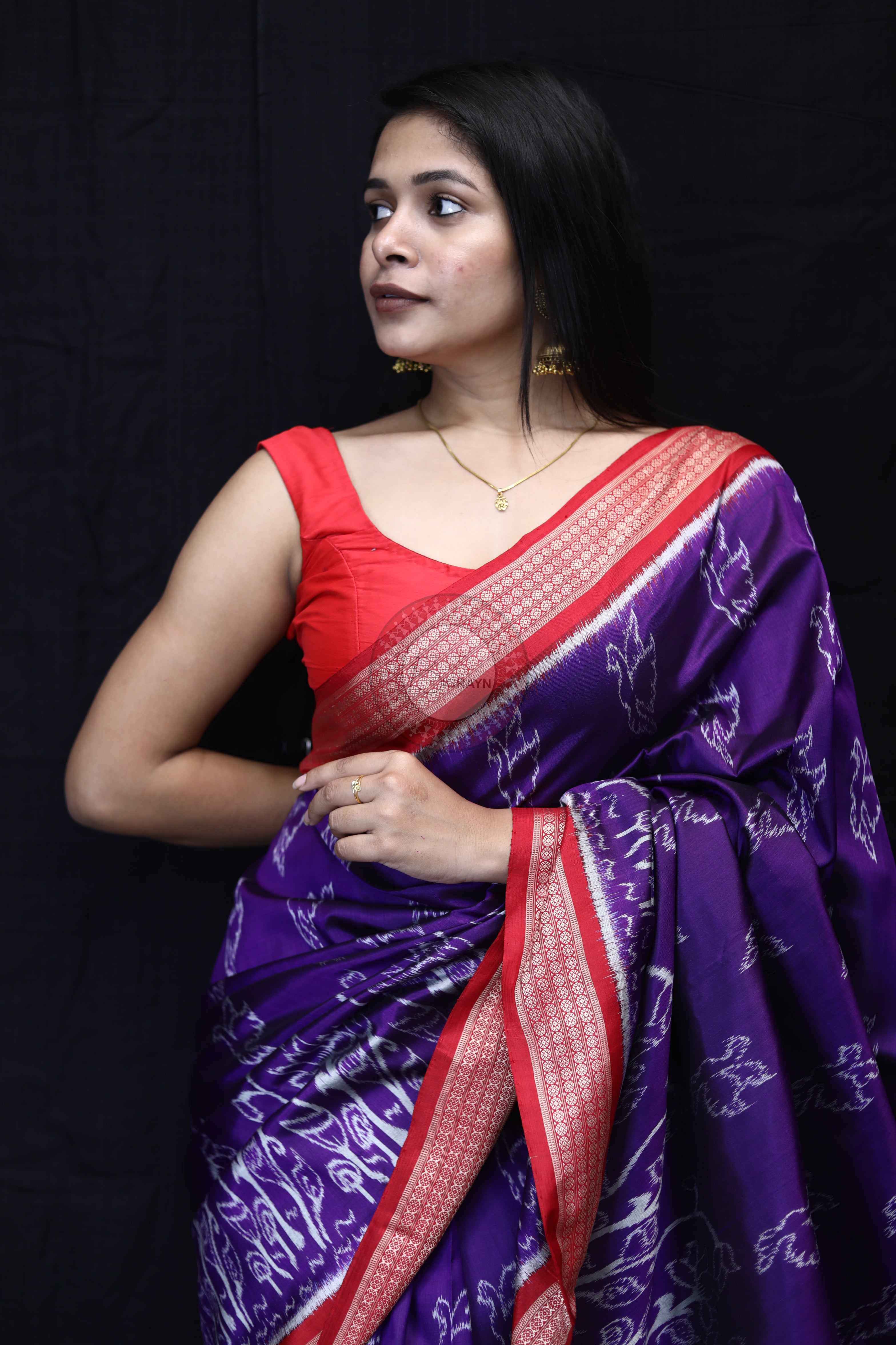 Purple Red Birds Mulberry Silk Saree