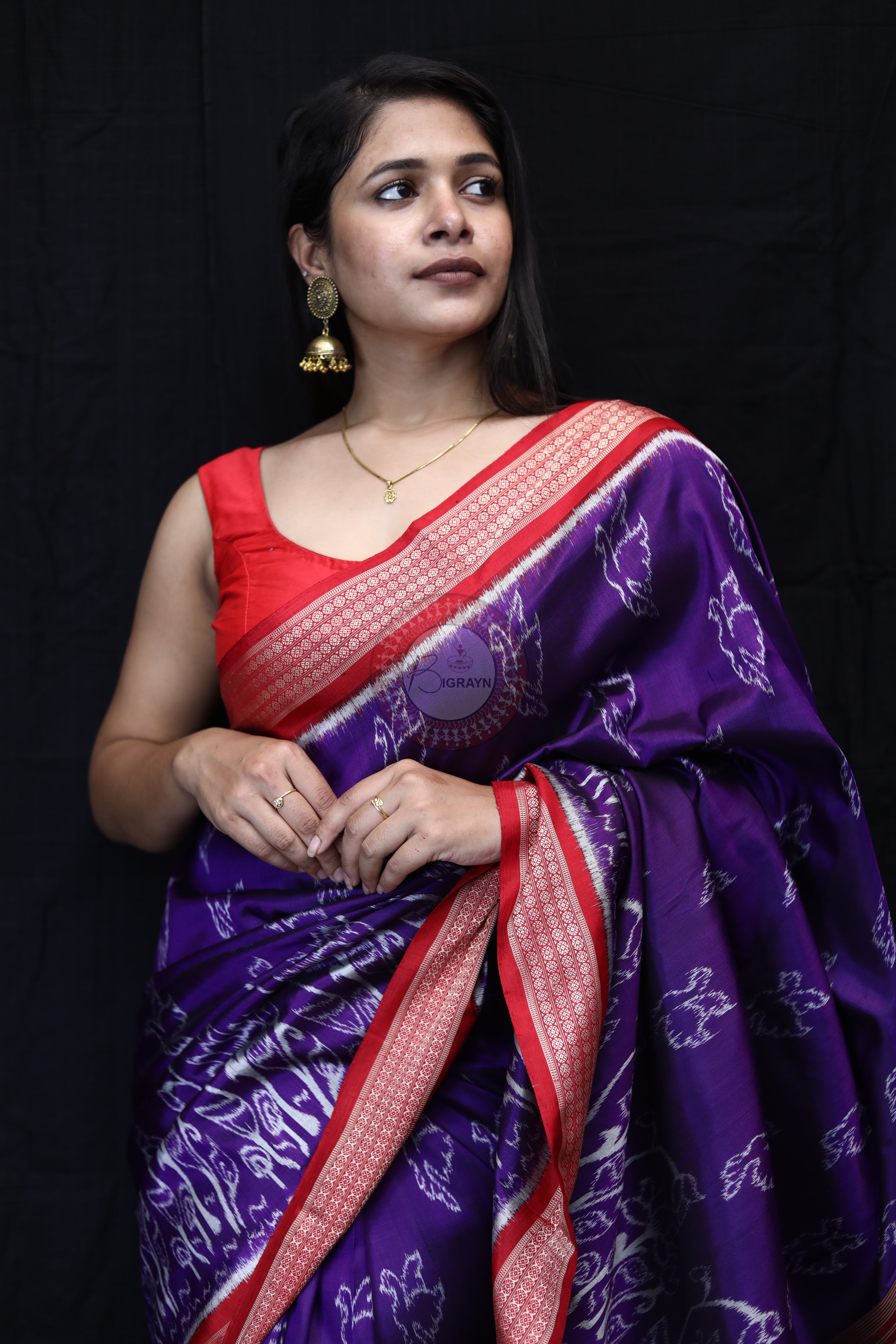 Purple Red Birds Mulberry Silk Saree