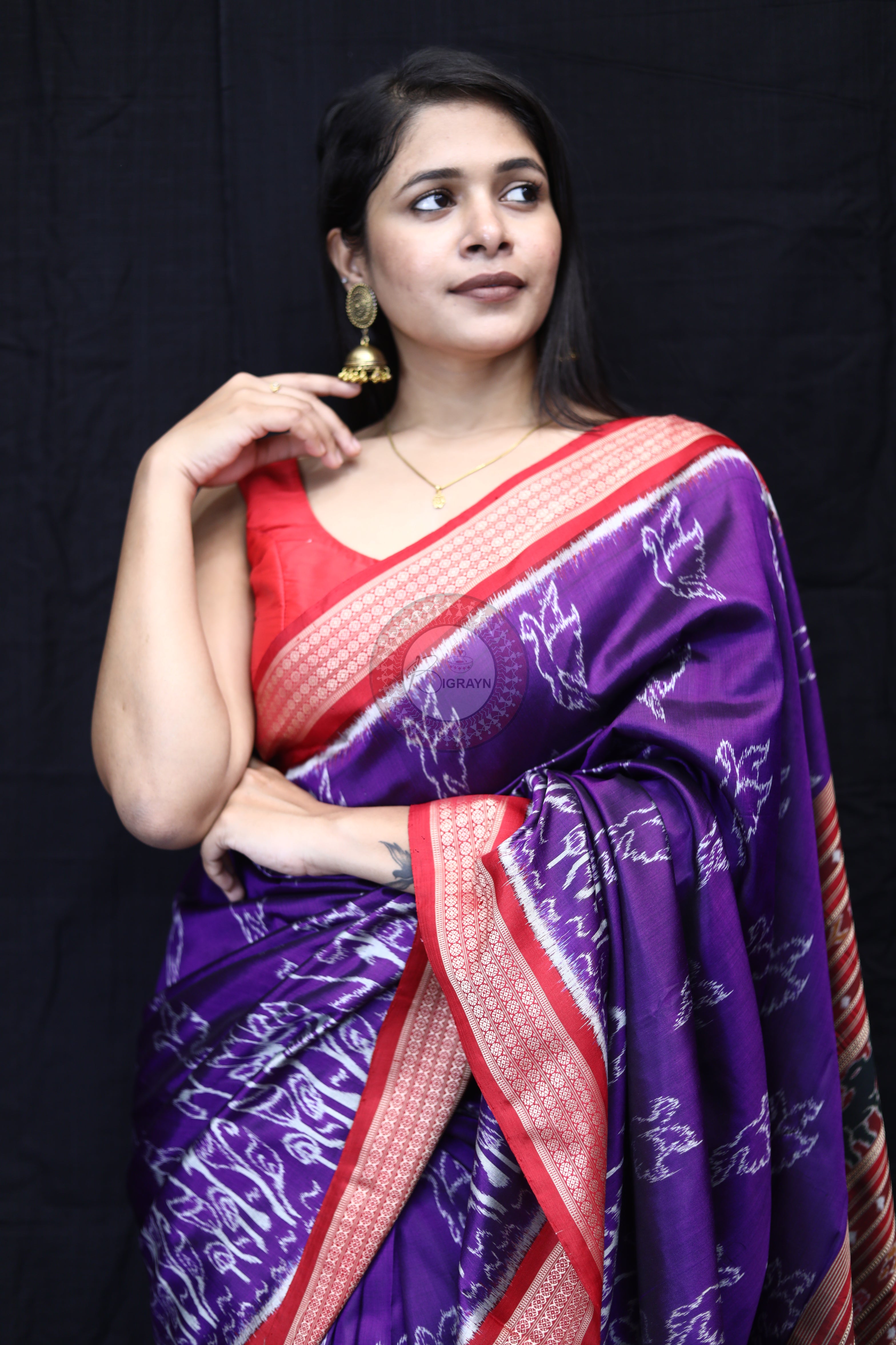 Purple Red Birds Mulberry Silk Saree